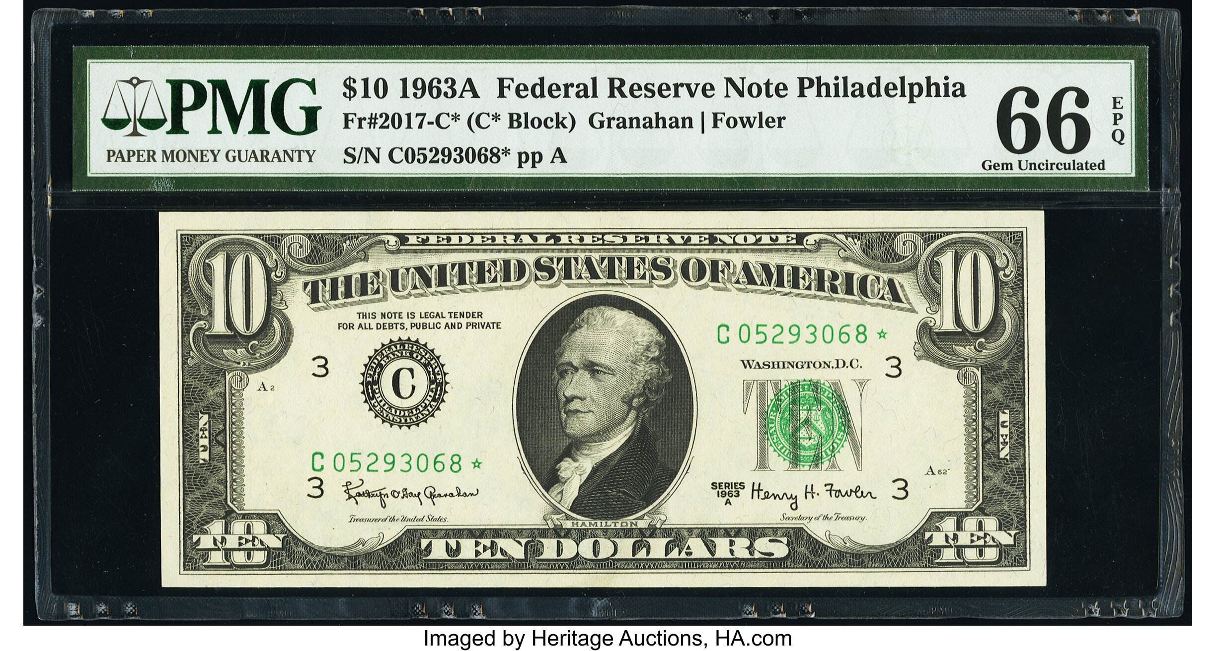 image for: Fr. 2017-C* $10 1963A Federal Reserve Star Note. PMG Gem Uncirculated 66 EPQ....