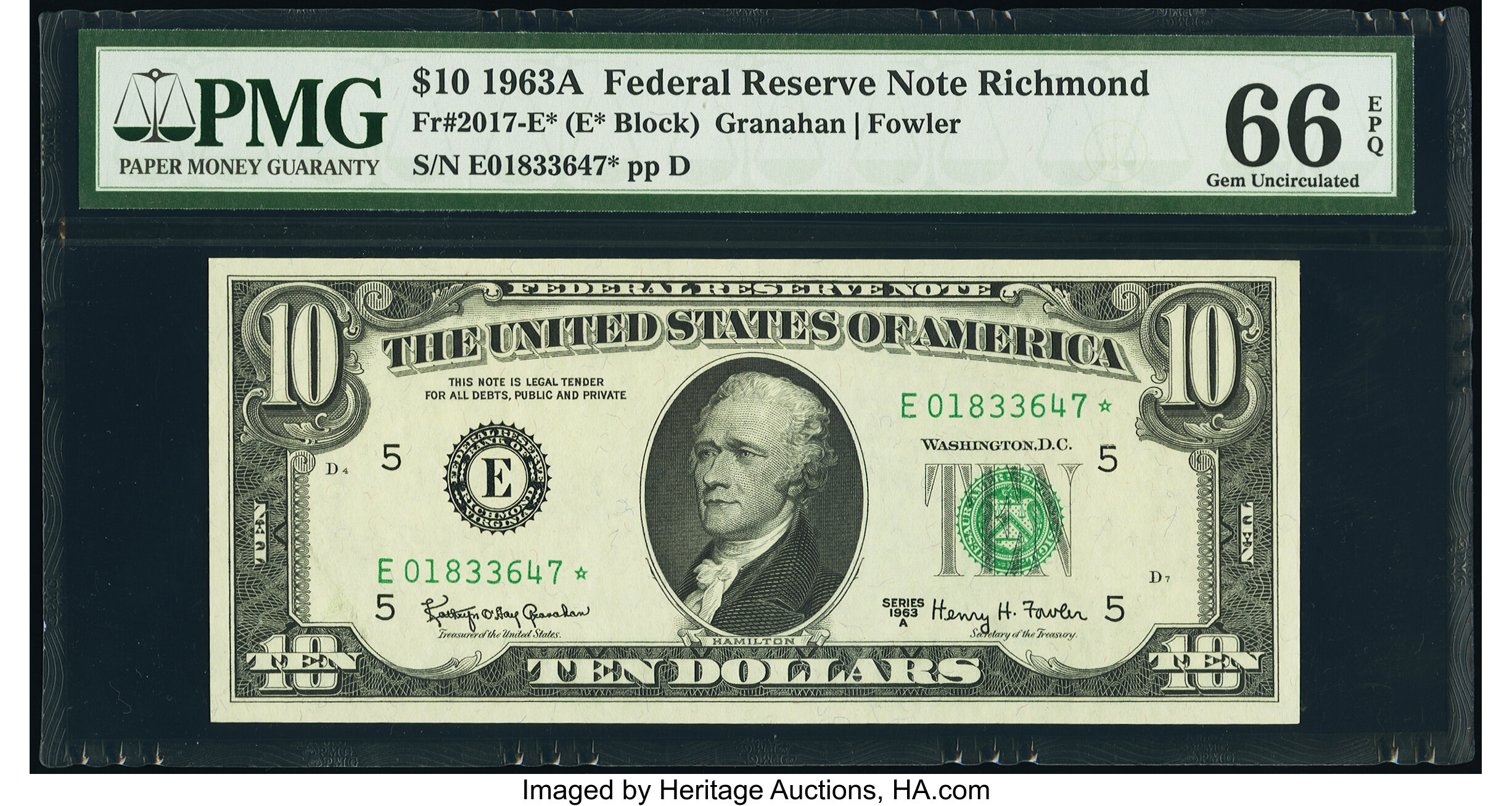 image for: Fr. 2017-E* $10 1963A Federal Reserve Star Note. PMG Gem Uncirculated 66 EPQ....