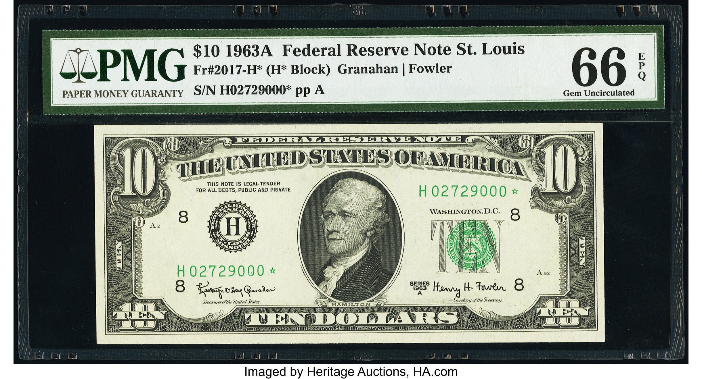 image for: Fr. 2017-H* $10 1963A Federal Reserve Star Note. PMG Gem Uncirculated 66 EPQ....