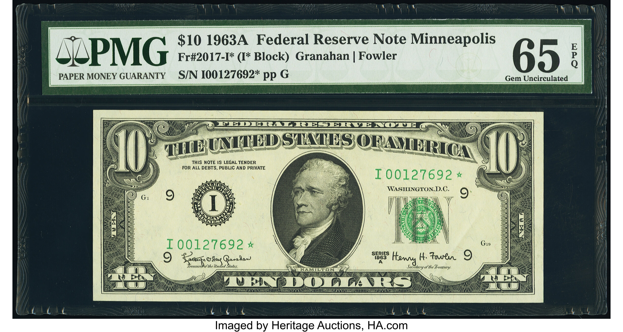 image for: Fr. 2017-I* $10 1963A Federal Reserve Star Note. PMG Gem Uncirculated 65 EPQ....