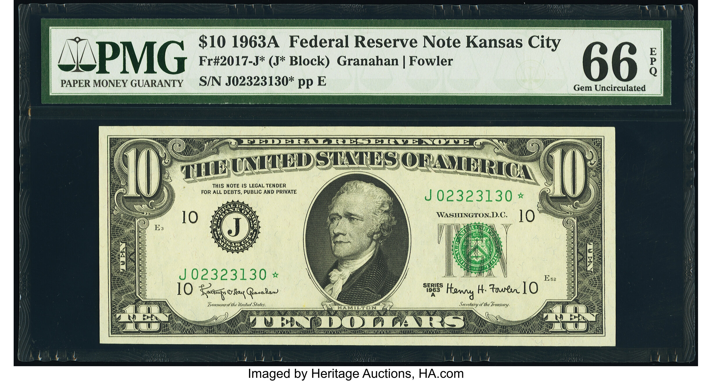 image for: Fr. 2017-J* $10 1963A Federal Reserve Star Note. PMG Gem Uncirculated 66 EPQ....