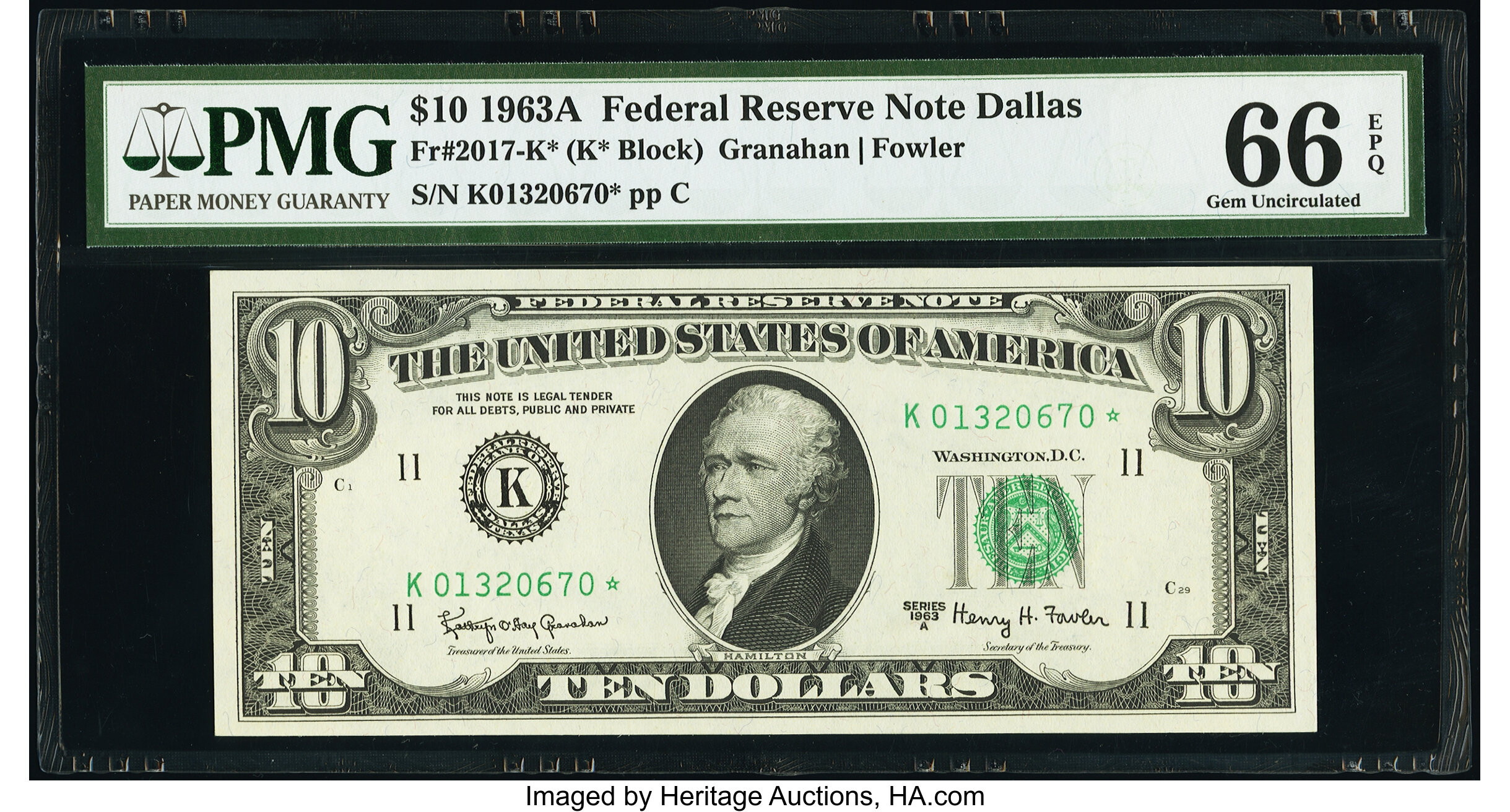 image for: Fr. 2017-K* $10 1963A Federal Reserve Star Note. PMG Gem Uncirculated 66 EPQ....