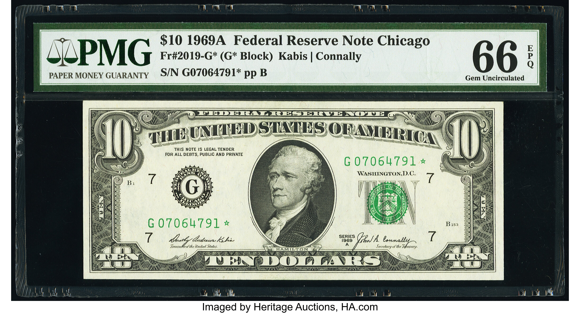image for: Fr. 2019-G* $10 1969A Federal Reserve Star Note. PMG Gem Uncirculated 66 EPQ....