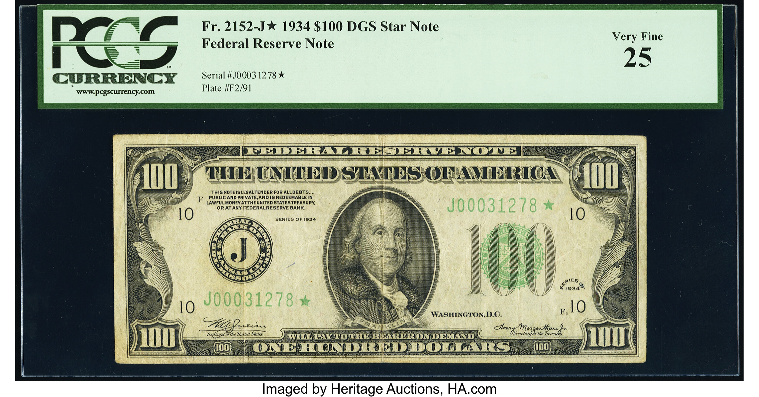 image for: Fr. 2152-J* $100 1934 Dark Green Seal Federal Reserve Star Note. PCGS Very Fine 25....