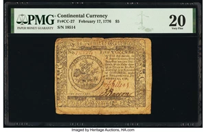 image for: Continental Currency February 17, 1776 $5 PMG Very Fine 20....