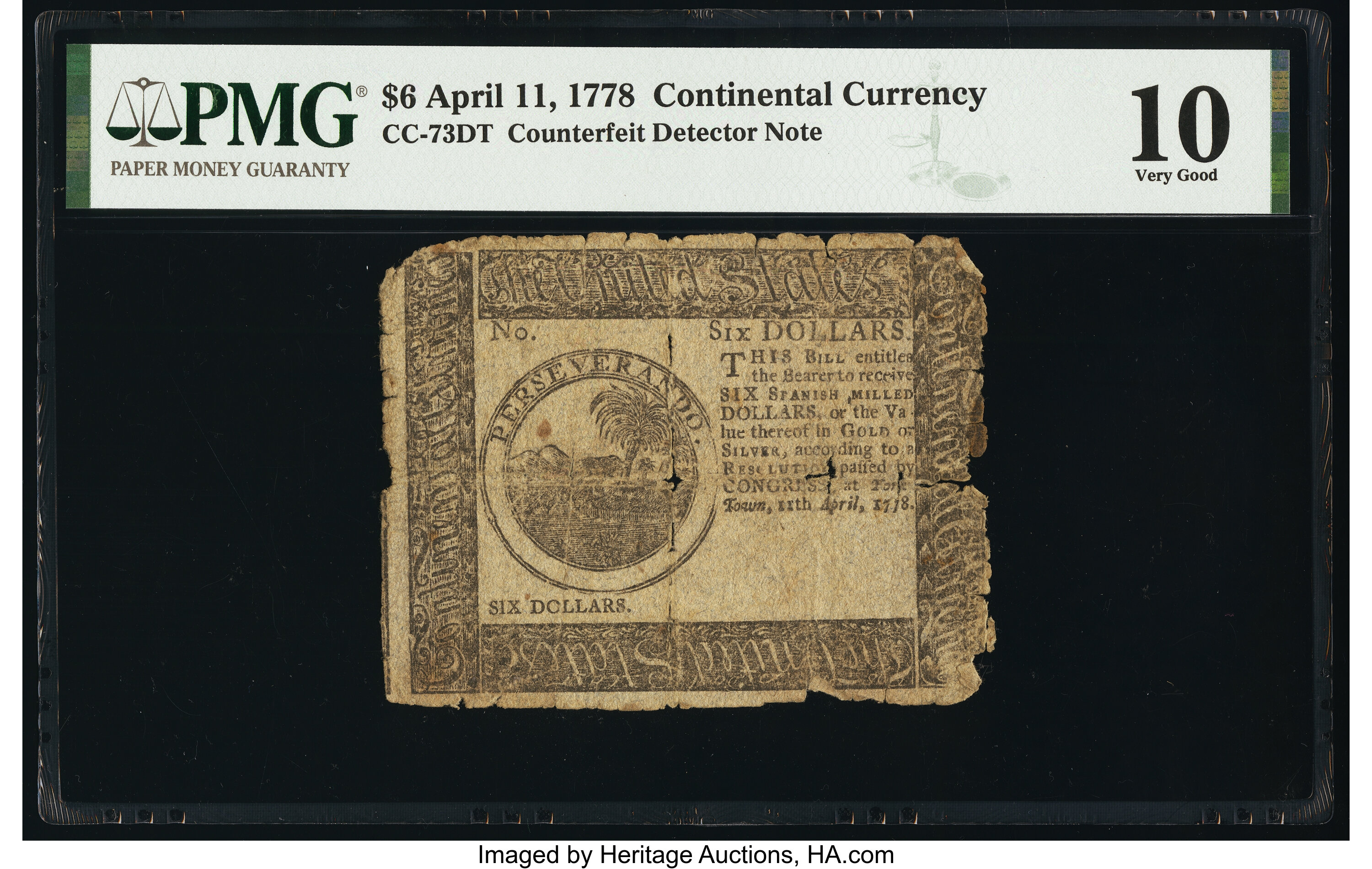 image for: Continental Currency April 11, 1778 $6 Counterfeit Detector PMG Very Good 10....