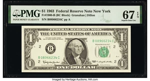 image for: Fr. 1900-B $1 1963 Federal Reserve Note. PMG Superb Gem Unc 67 EPQ....
