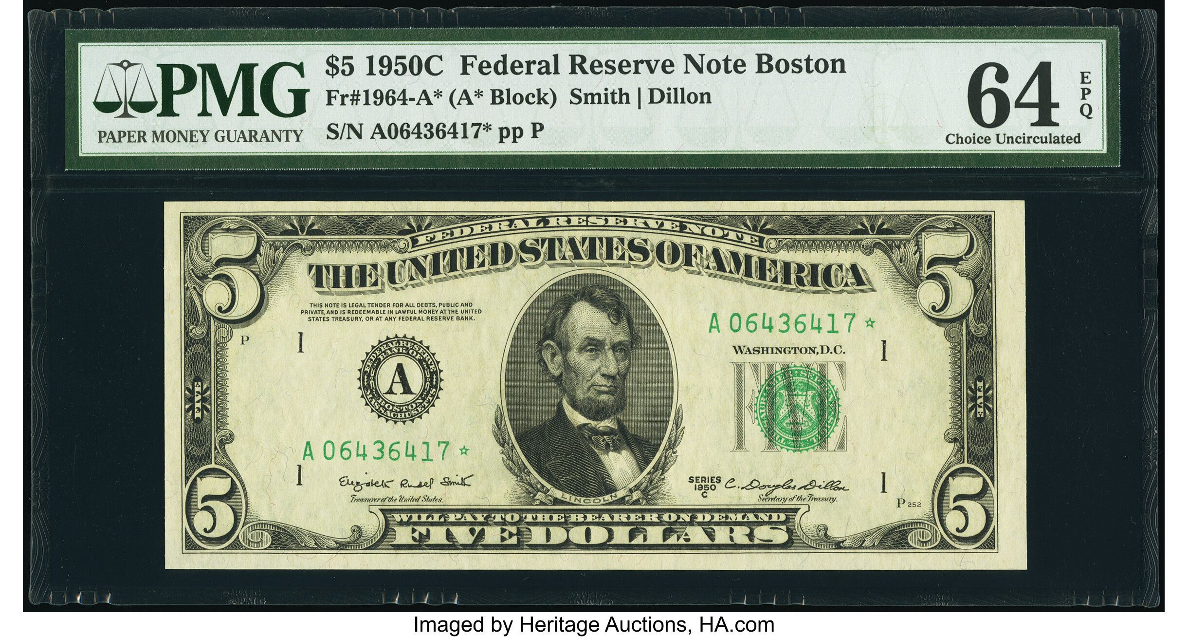image for: Fr. 1964-A* $5 1950C Federal Reserve Note. PMG Choice Uncirculated 64 EPQ....