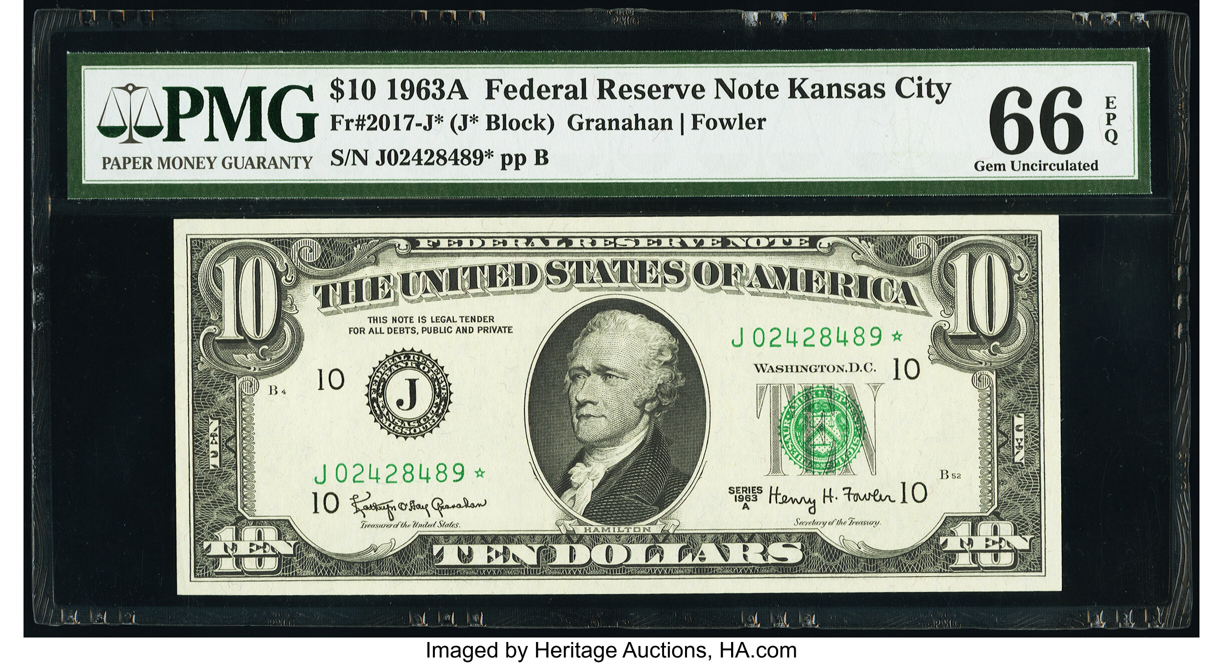 image for: Fr. 2017-J* $10 1963A Federal Reserve Star Note. PMG Gem Uncirculated 66 EPQ....