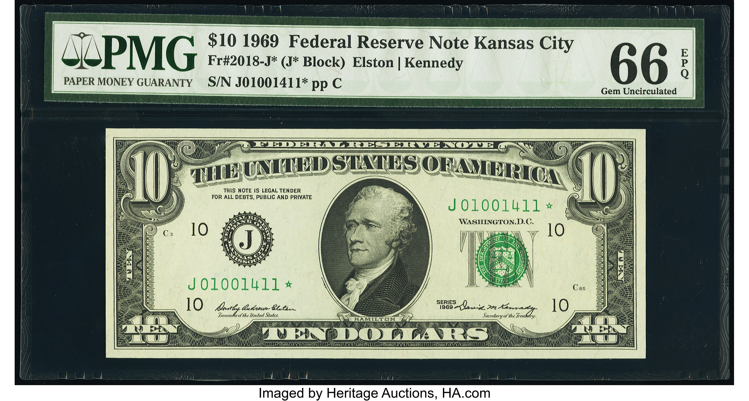 image for: Fr. 2018-J* $10 1969 Federal Reserve Star Note. PMG Gem Uncirculated 66 EPQ....