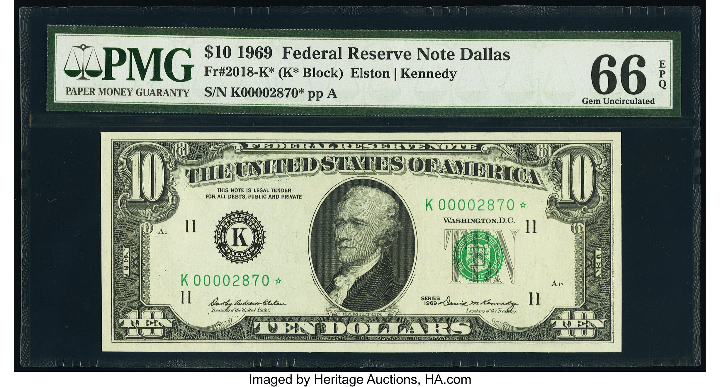 image for: Low Serial Number 2870 Fr. 2018-K* $10 1969 Federal Reserve Star Note. PMG Gem Uncirculated 66 EPQ....