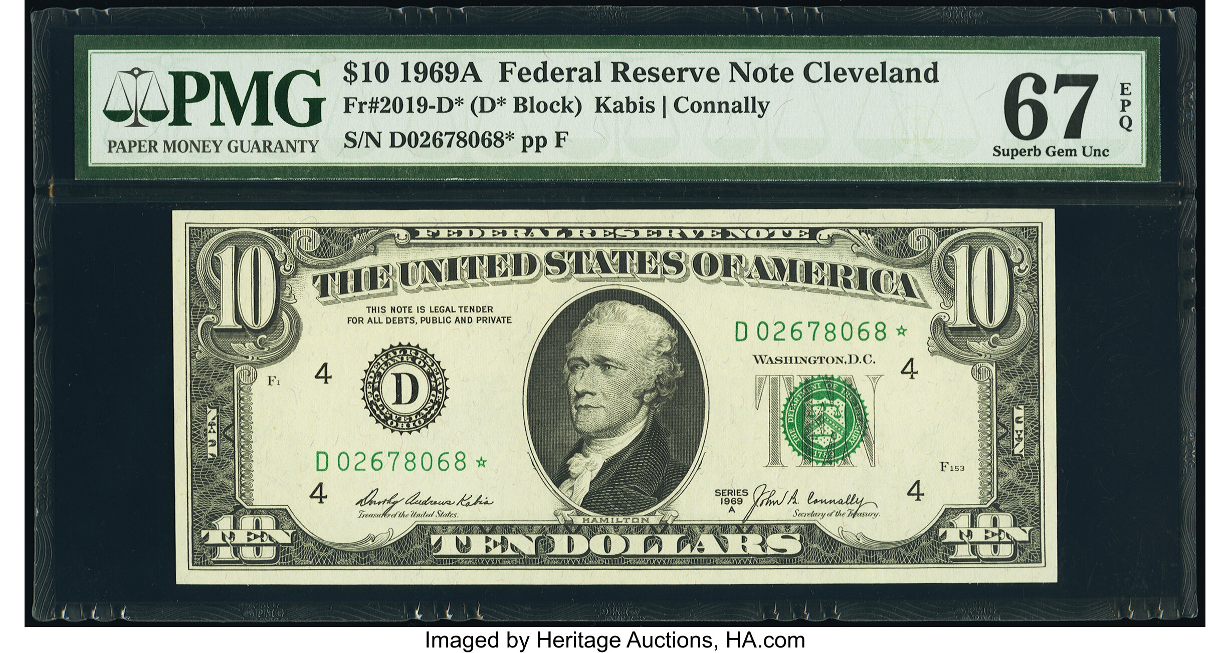 image for: Fr. 2019-D* $10 1969A Federal Reserve Star Note. PMG Superb Gem Unc 67 EPQ....
