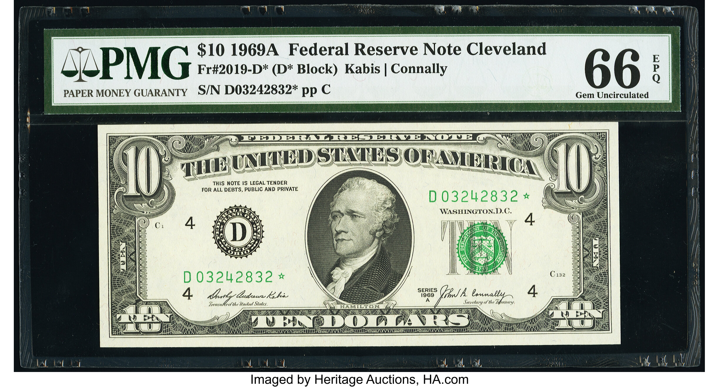 image for: Fr. 2019-D* $10 1969A Federal Reserve Star Note. PMG Gem Uncirculated 66 EPQ....
