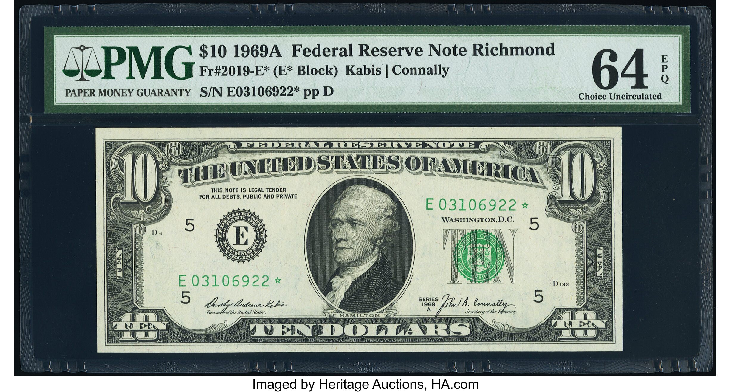 image for: Fr. 2019-E* $10 1969A Federal Reserve Star Note. PMG Choice Uncirculated 64 EPQ....
