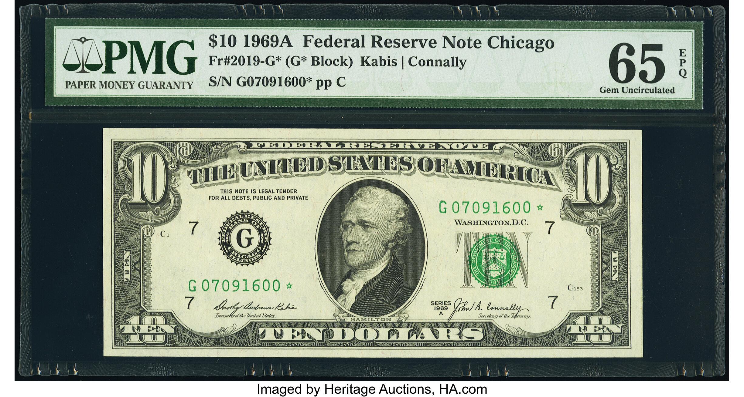 image for: Fr. 2019-G* $10 1969A Federal Reserve Star Note. PMG Gem Uncirculated 65 EPQ....