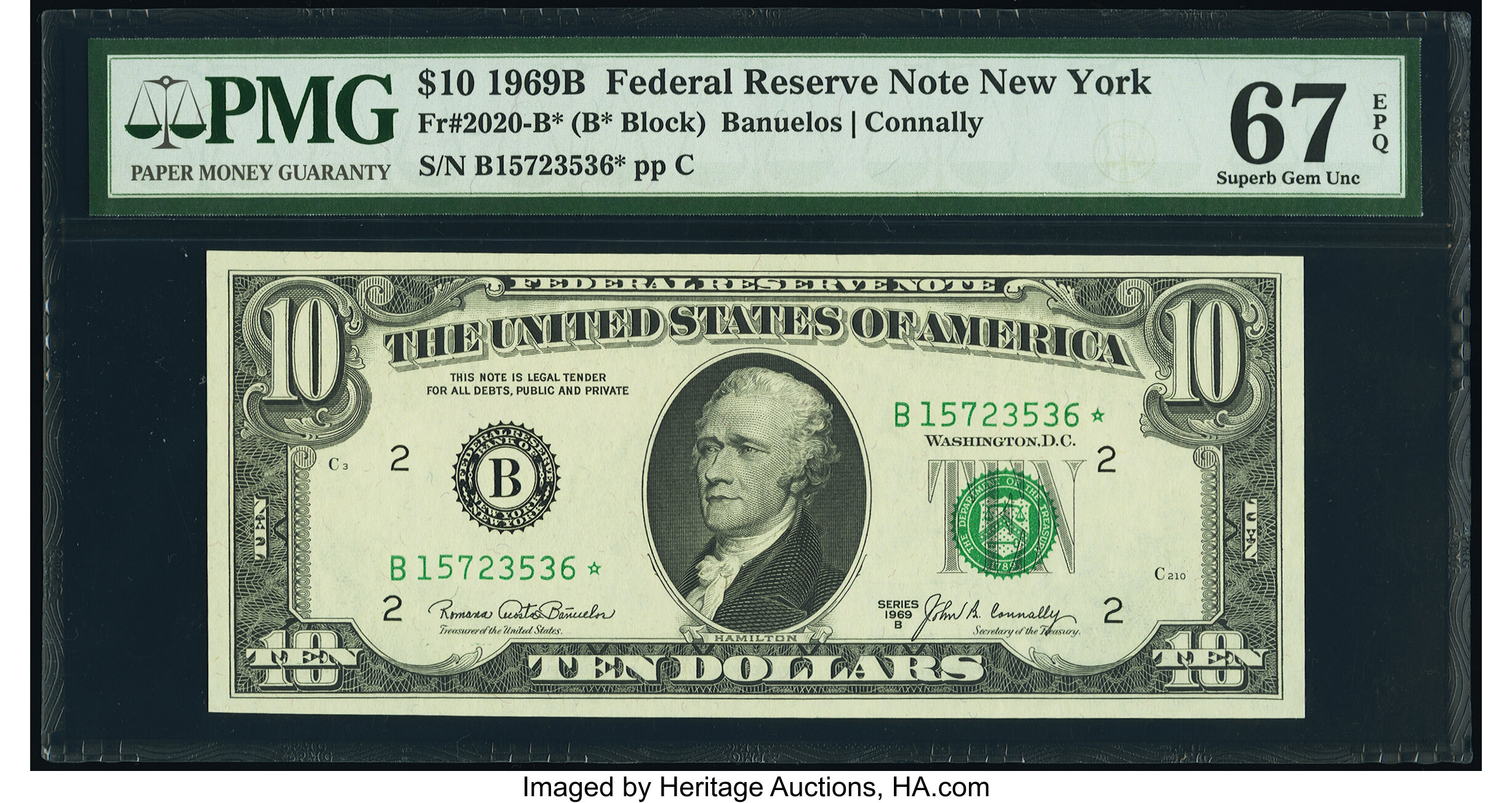 image for: Fr. 2020-B* $10 1969B Federal Reserve Star Note. PMG Superb Gem Unc 67 EPQ....