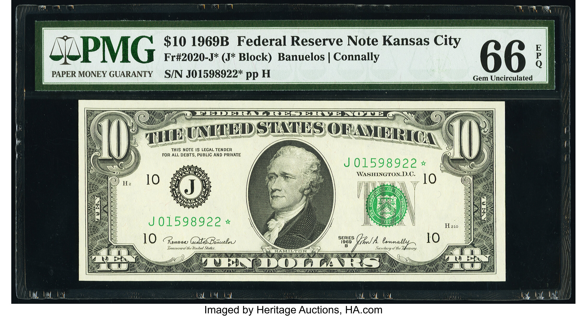 image for: Fr. 2020-J* $10 1969B Federal Reserve Star Note. PMG Gem Uncirculated 66 EPQ....