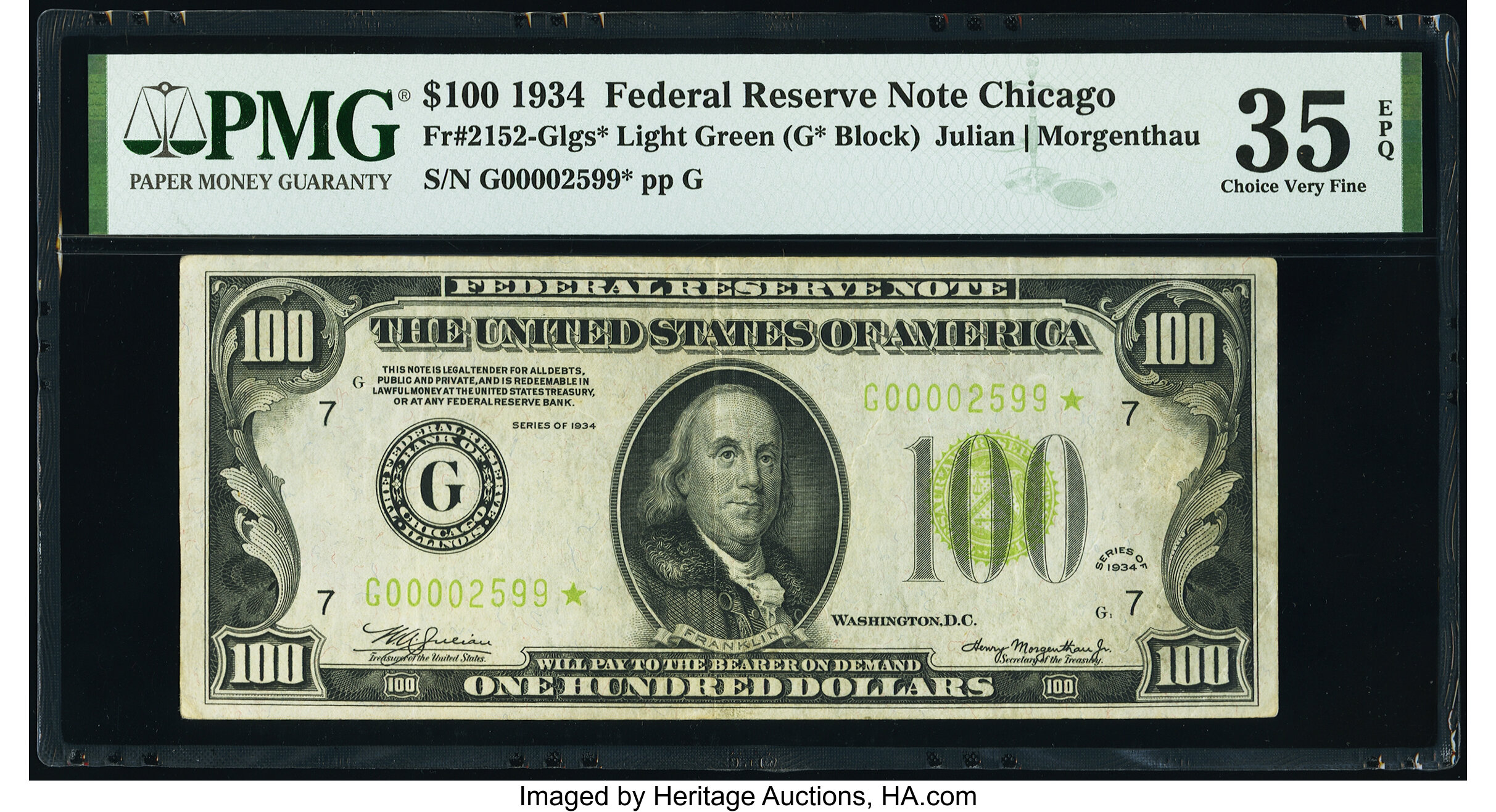image for: Low Serial Number 2599 Fr. 2152-G* $100 1934 Light Green Seal Federal Reserve Star Note. PMG Choice Very Fine 35 EPQ....