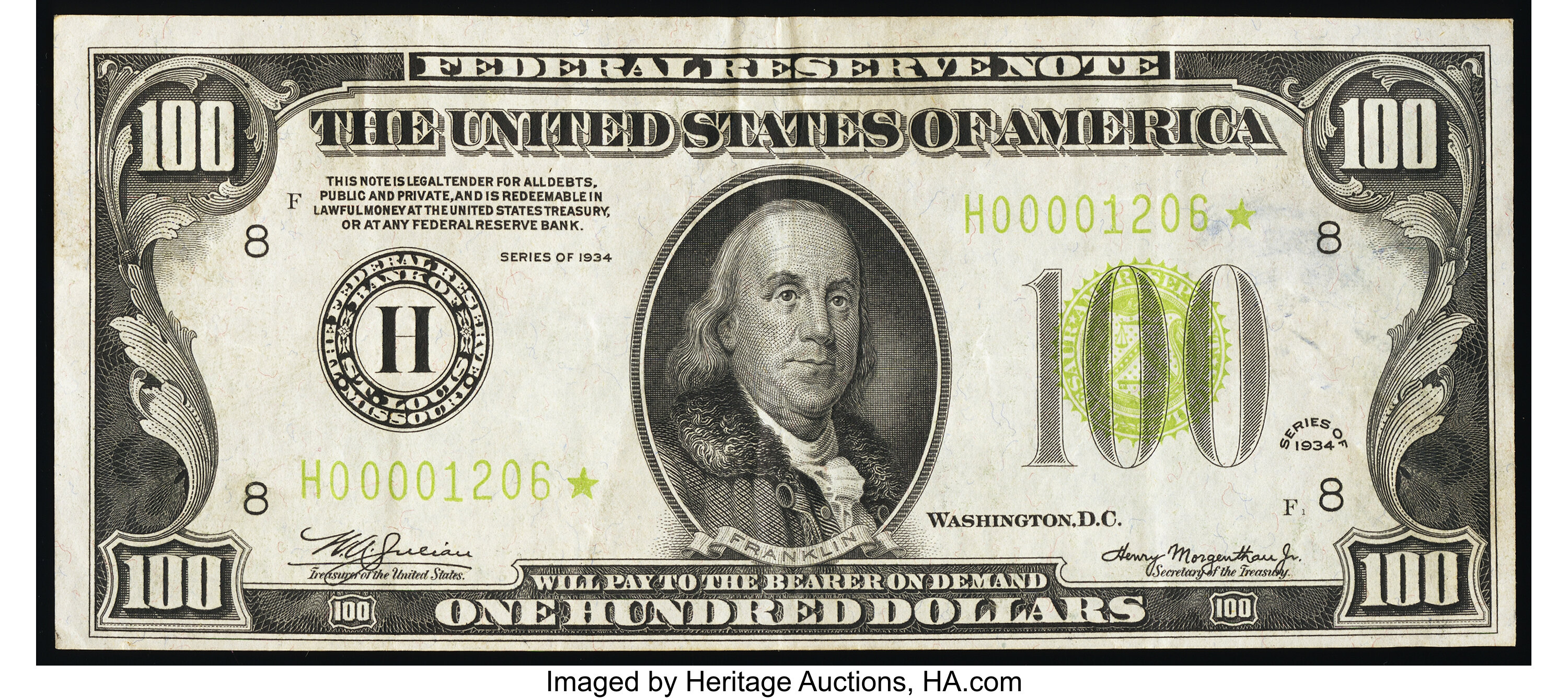 image for: Fr. 2152-H* $100 1934 Light Green Seal Federal Reserve Star Note. PCGS Very Fine 35....