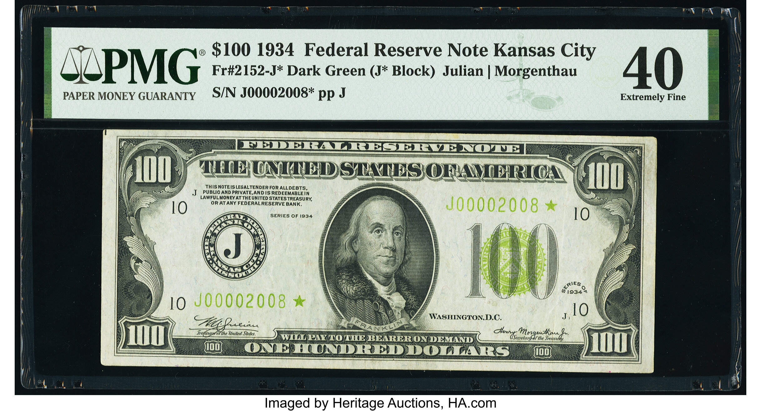 image for: Low Serial Number 2008 Fr. 2152-J* $100 1934 Light Green Seal Federal Reserve Star Note. PMG Extremely Fine 40....