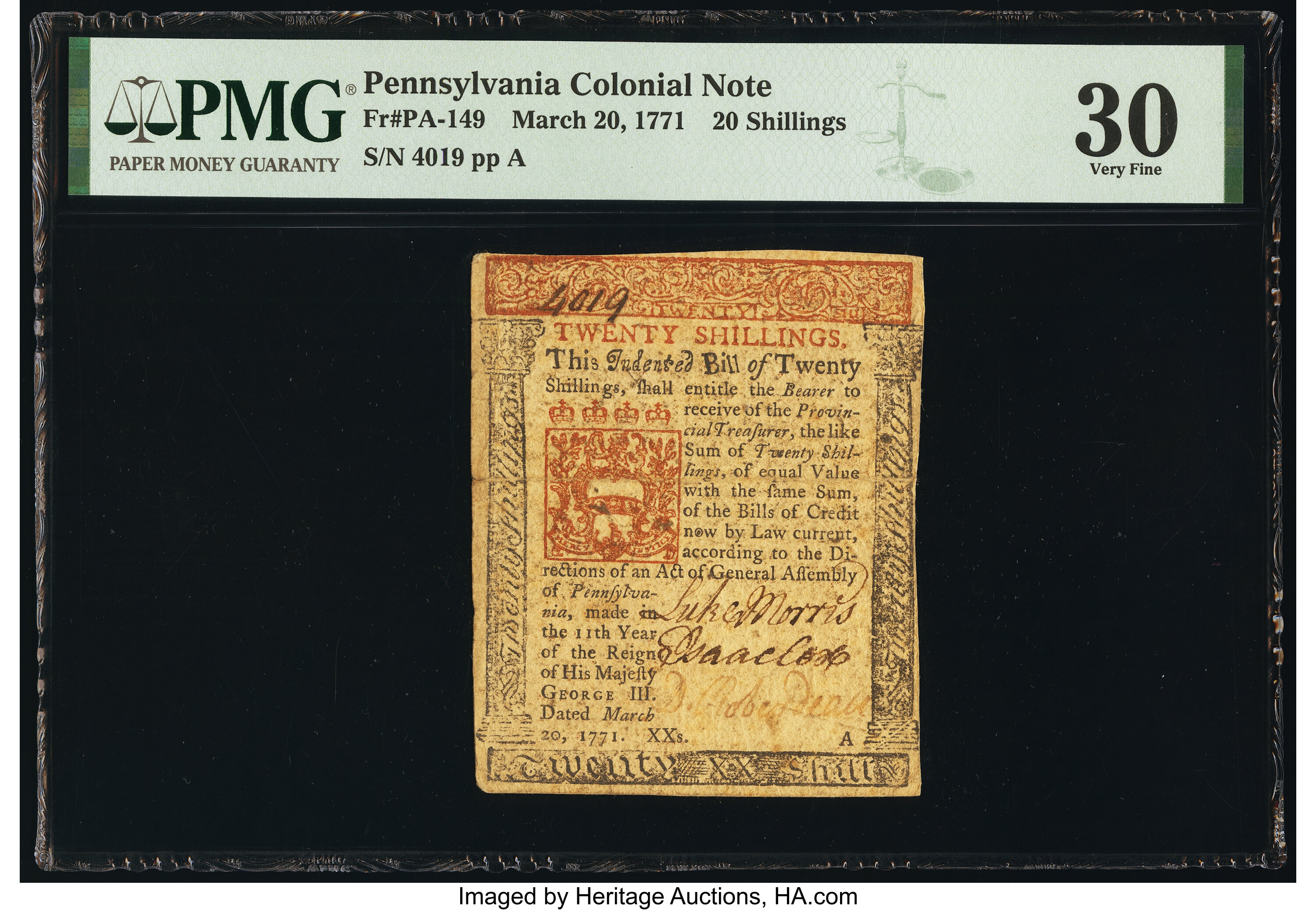 image for: Pennsylvania March 20, 1771 20s PMG Very Fine 30....