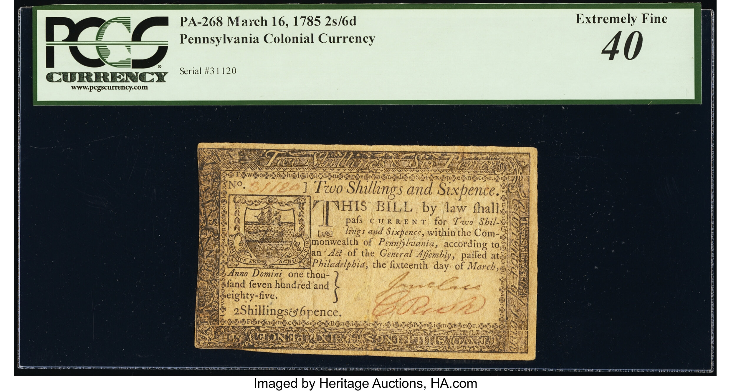 image for: Pennsylvania March 16, 1785 2s 6d PCGS Extremely Fine 40....