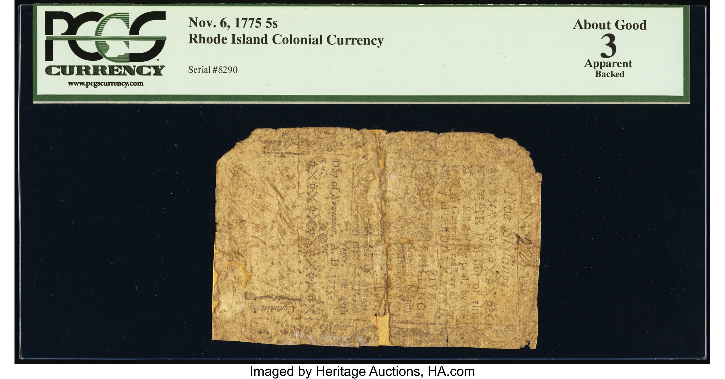 image for: Rhode Island November 6, 1775 5s PCGS Apparent About Good 3....
