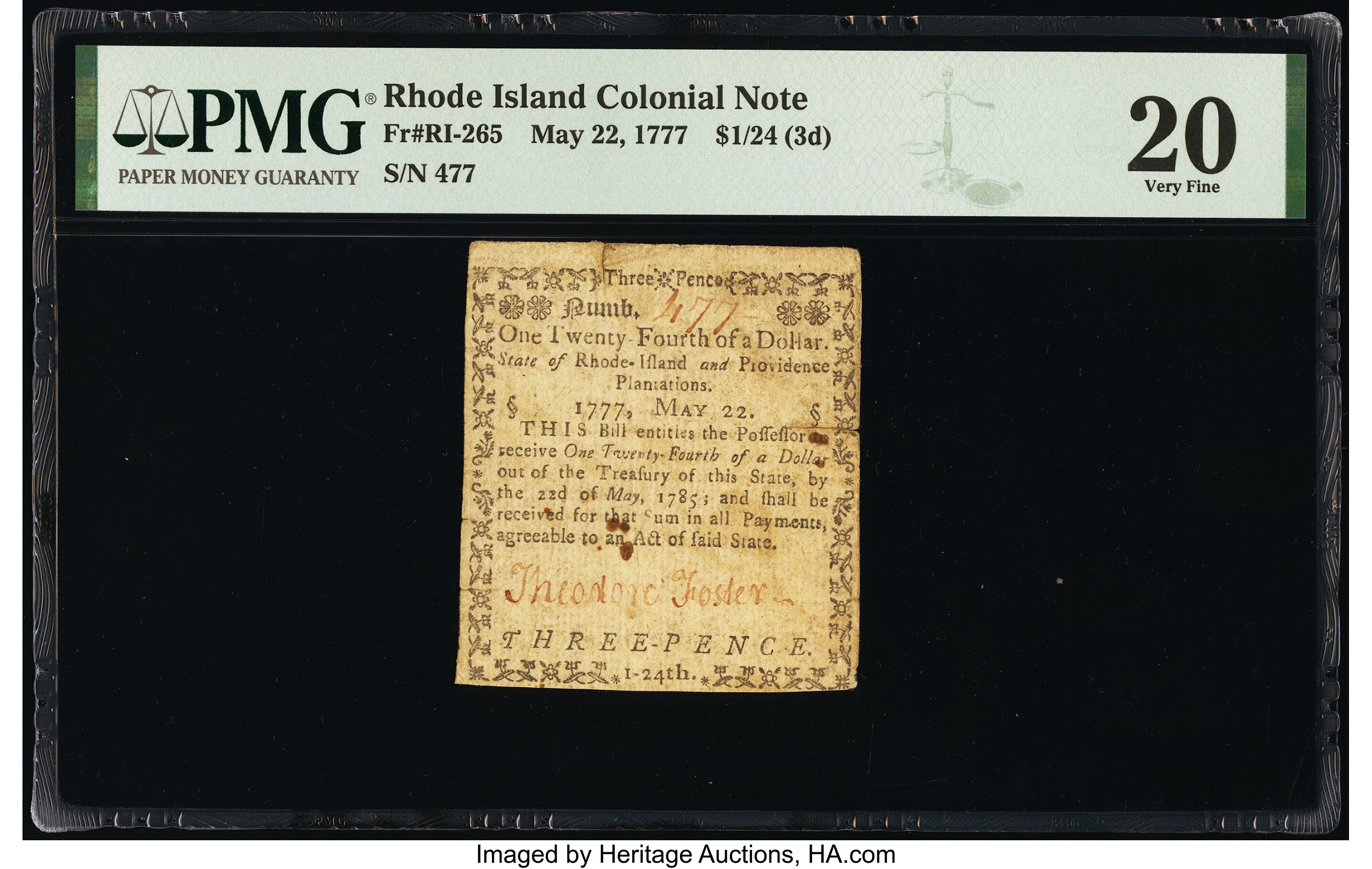image for: Rhode Island May 22, 1777 $1/24 PMG Very Fine 20....