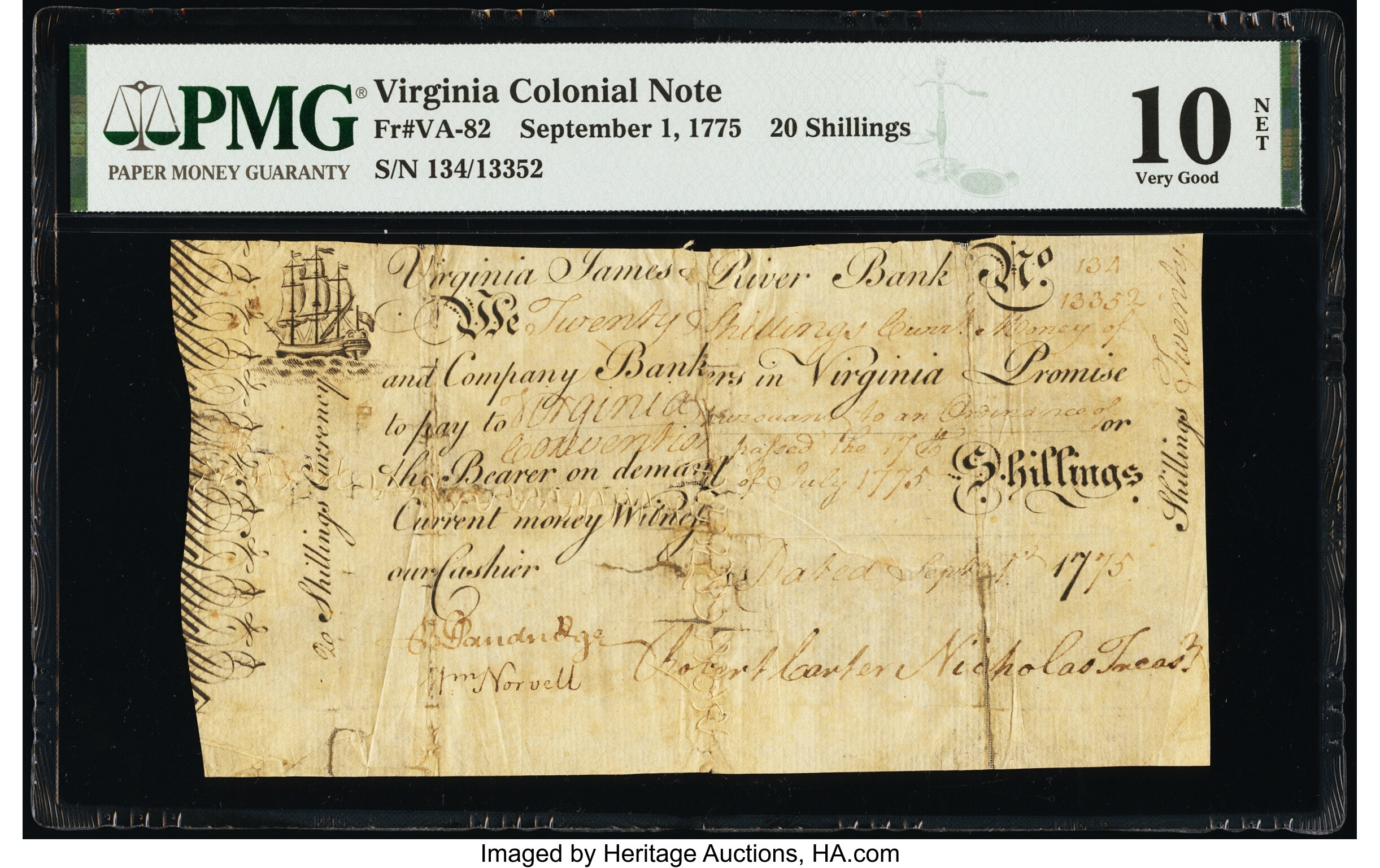image for: Virginia September 1, 1775 20s PMG Very Good 10 Net....