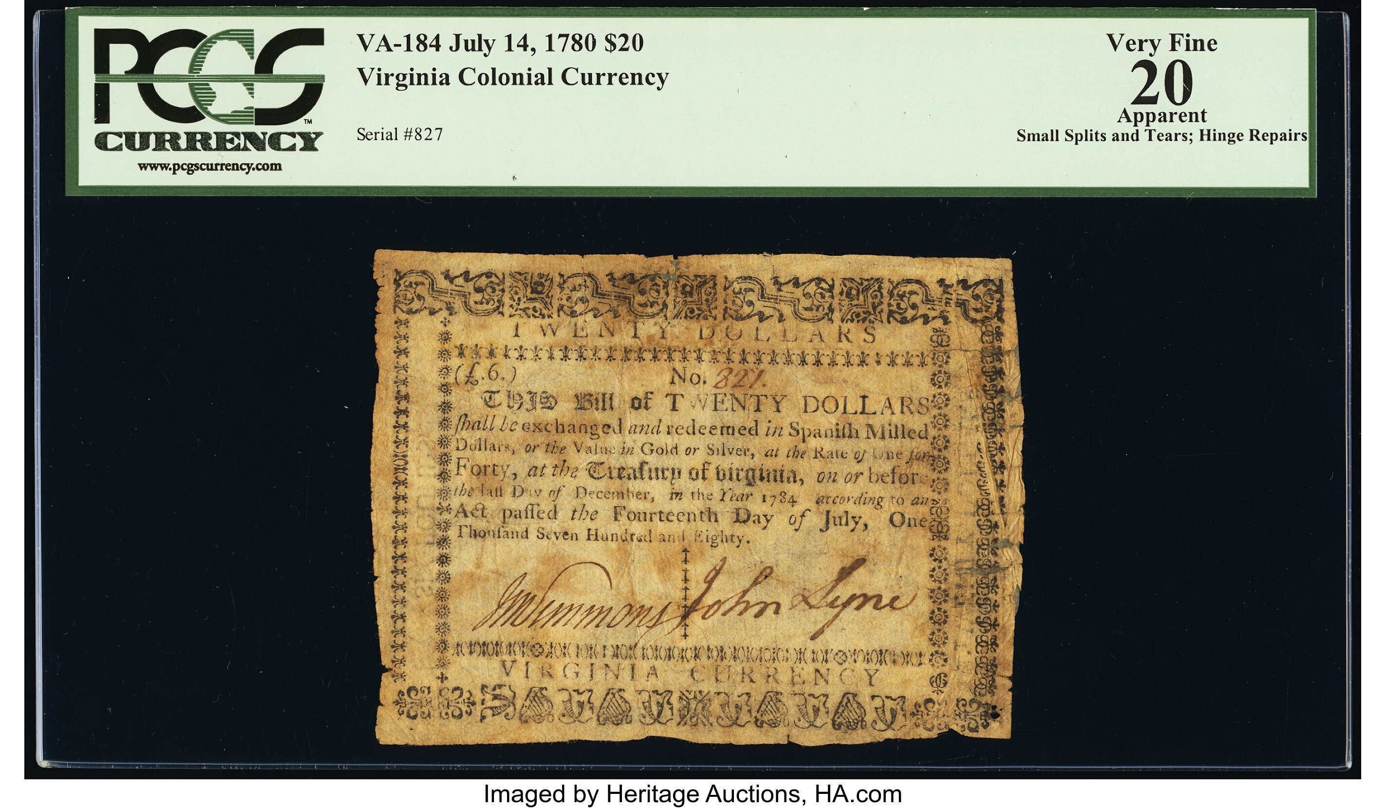 image for: Virginia July 14, 1780 $20 PCGS Apparent Very Fine 20....