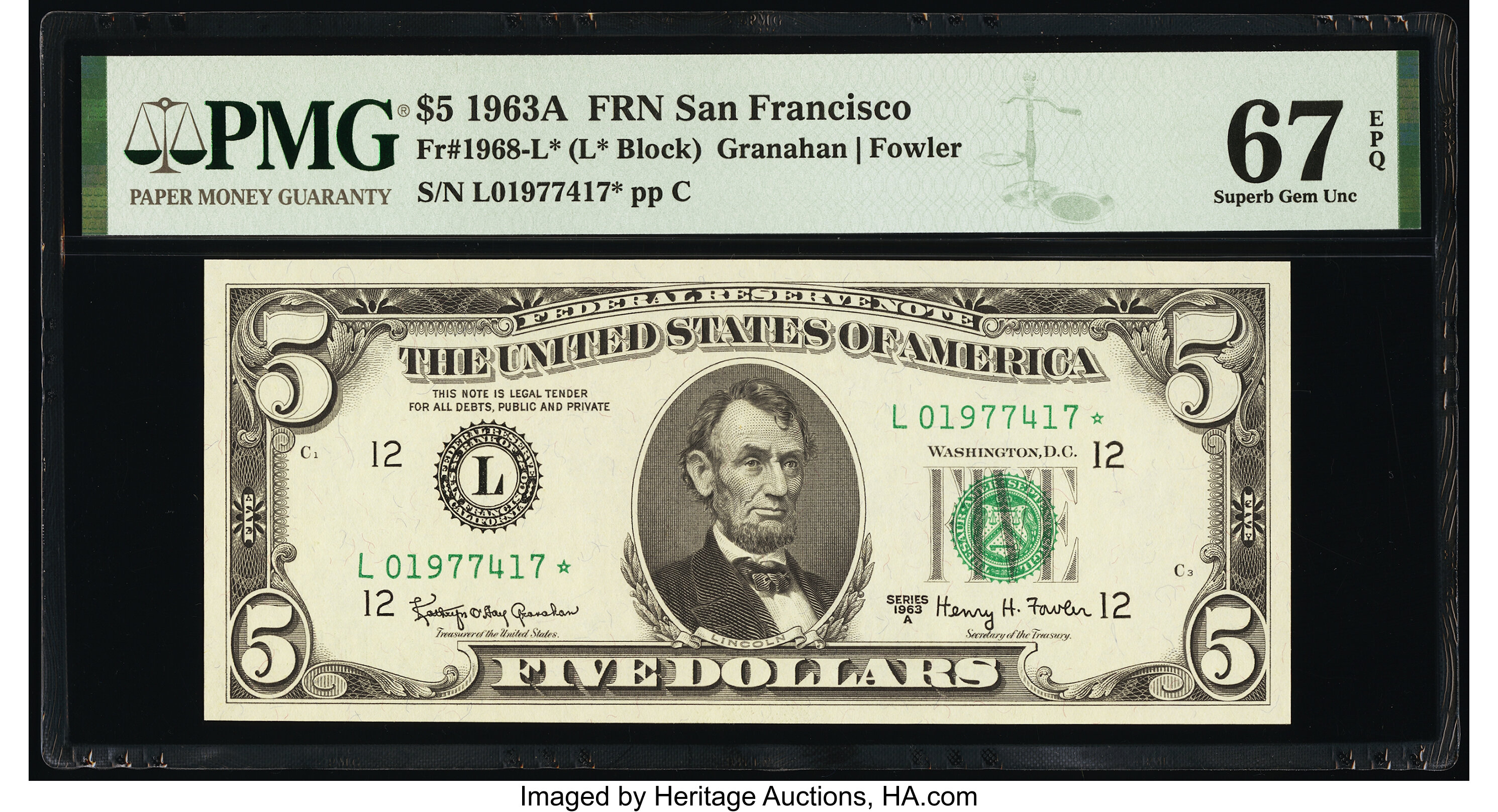 image for: Fr. 1968-L* $5 1963A Federal Reserve Star Note. PMG Superb Gem Unc 67 EPQ....