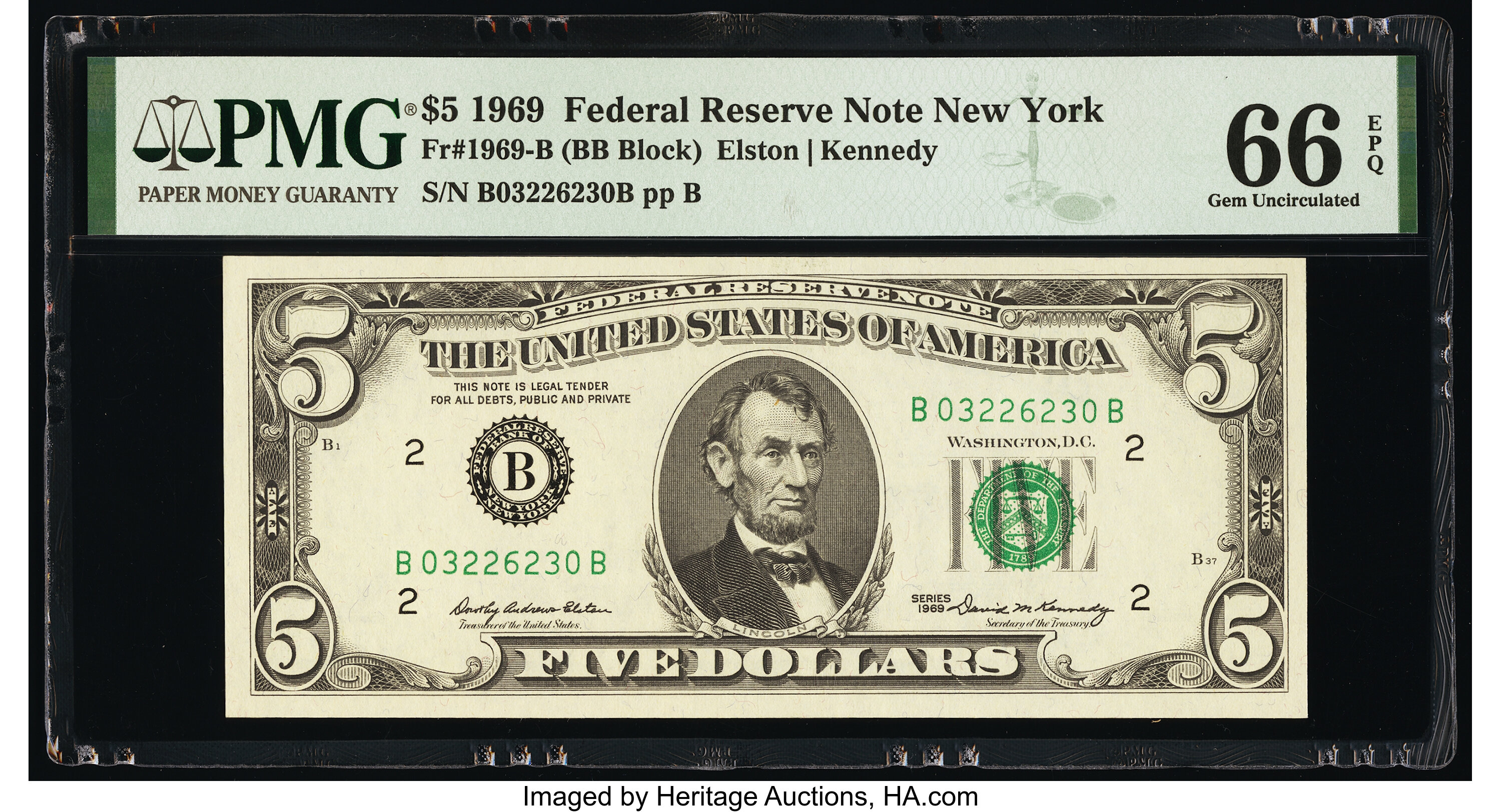 image for: Fr. 1969-B $5 1969 Federal Reserve Note. PMG Gem Uncirculated 66 EPQ....