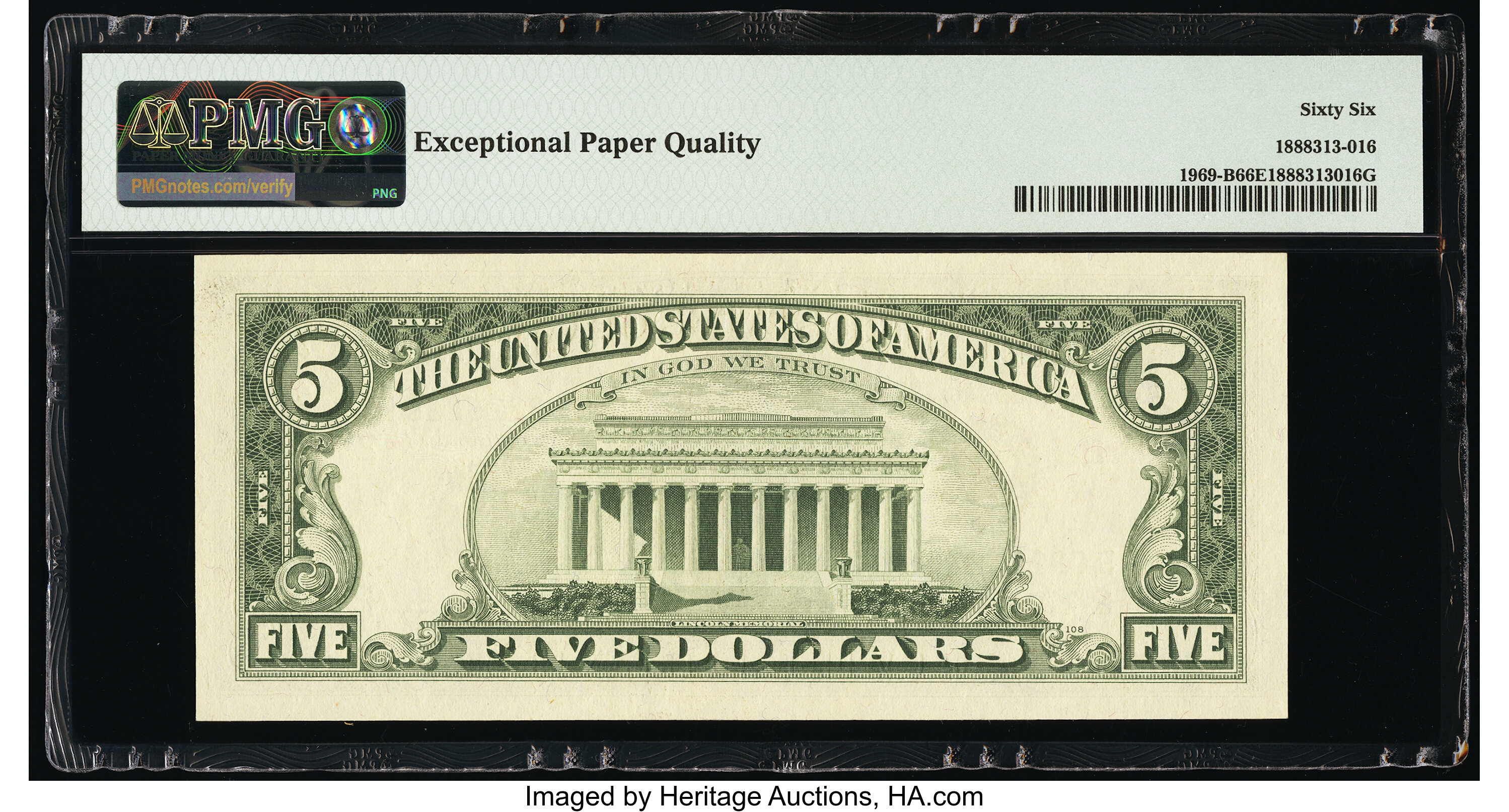 image for: Fr. 1969-B $5 1969 Federal Reserve Note. PMG Gem Uncirculated 66 EPQ....