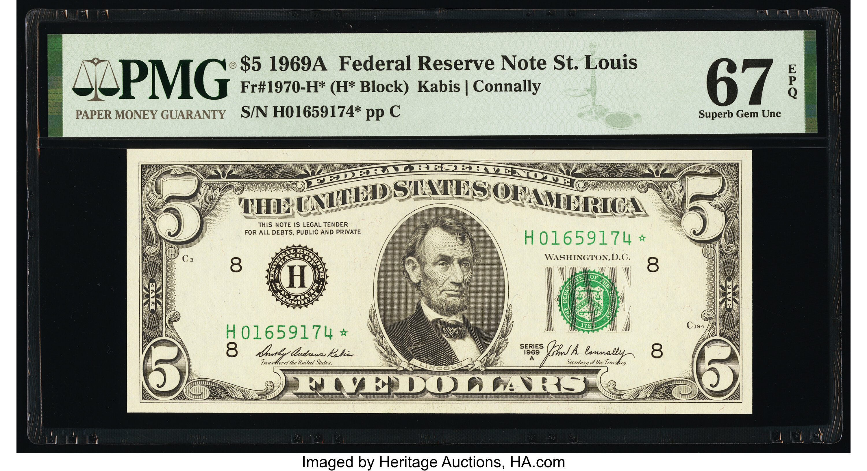 image for: Fr. 1970-H* $5 1969A Federal Reserve Star Note. PMG Superb Gem Unc 67 EPQ....