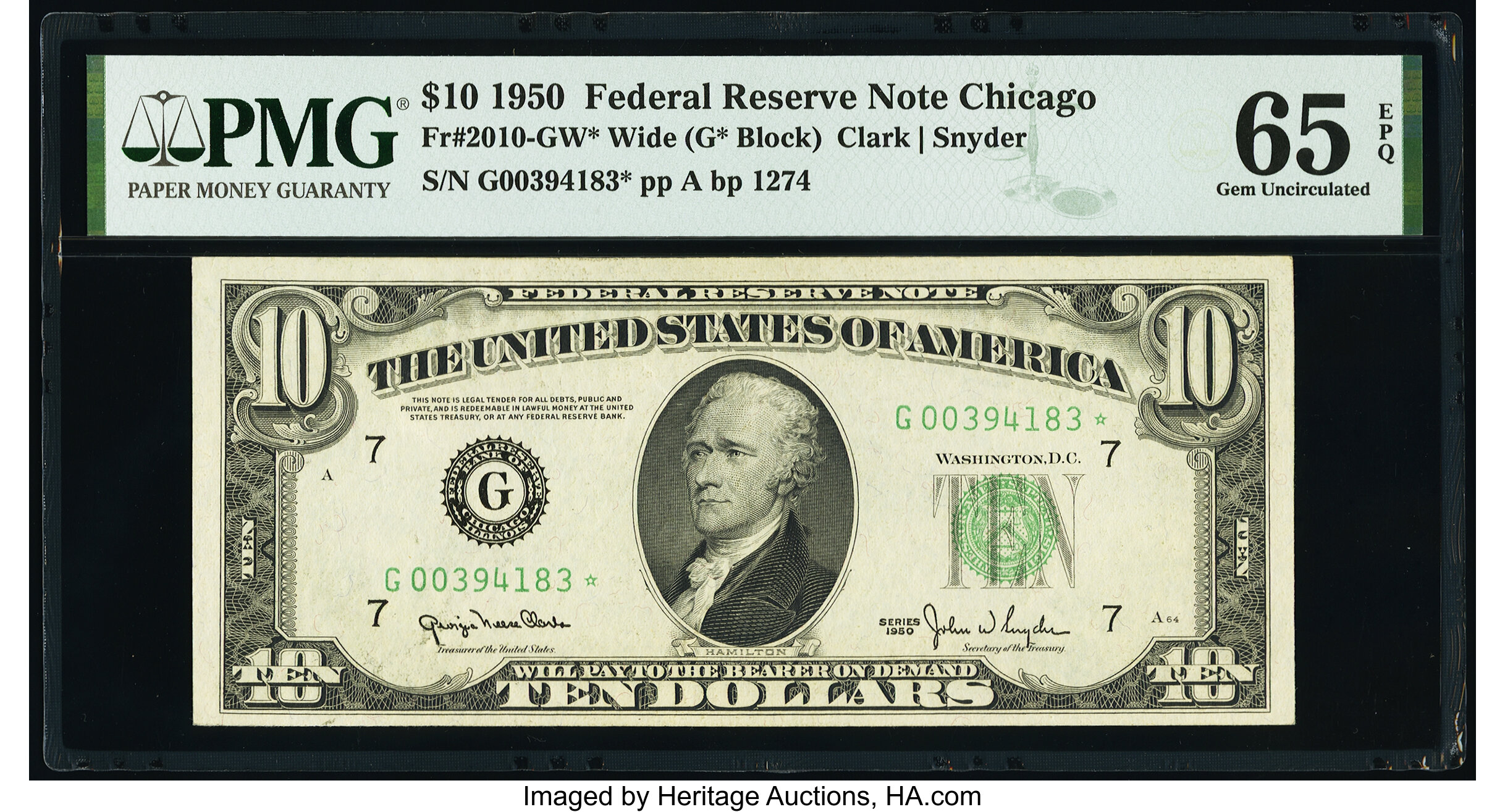 image for: Fr. 2010-G* $10 1950 Wide Federal Reserve Star Note. PMG Gem Uncirculated 65 EPQ....