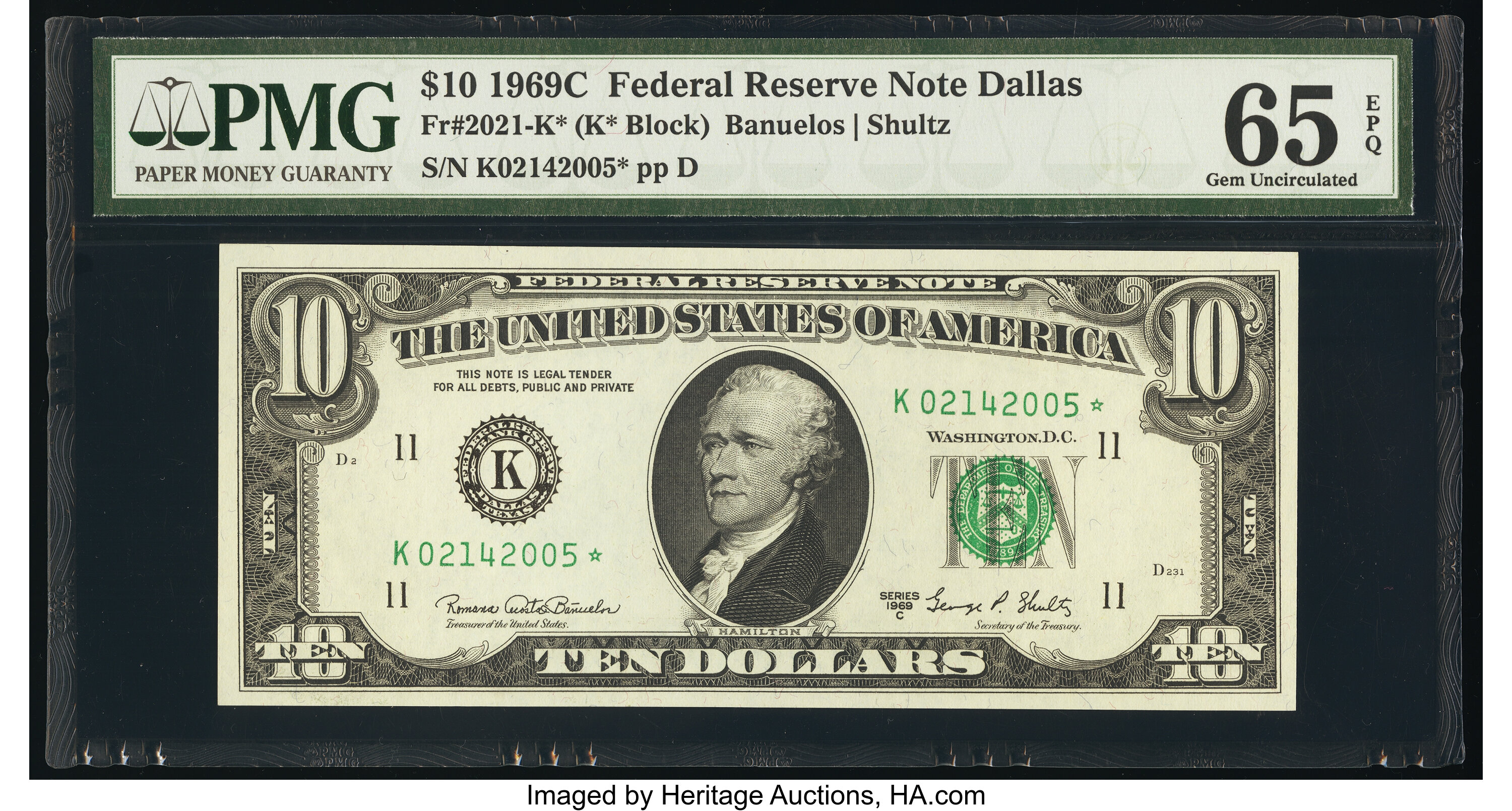 image for: Fr. 2021-K* $10 1969C Federal Reserve Star Note. PMG Gem Uncirculated 65 EPQ....