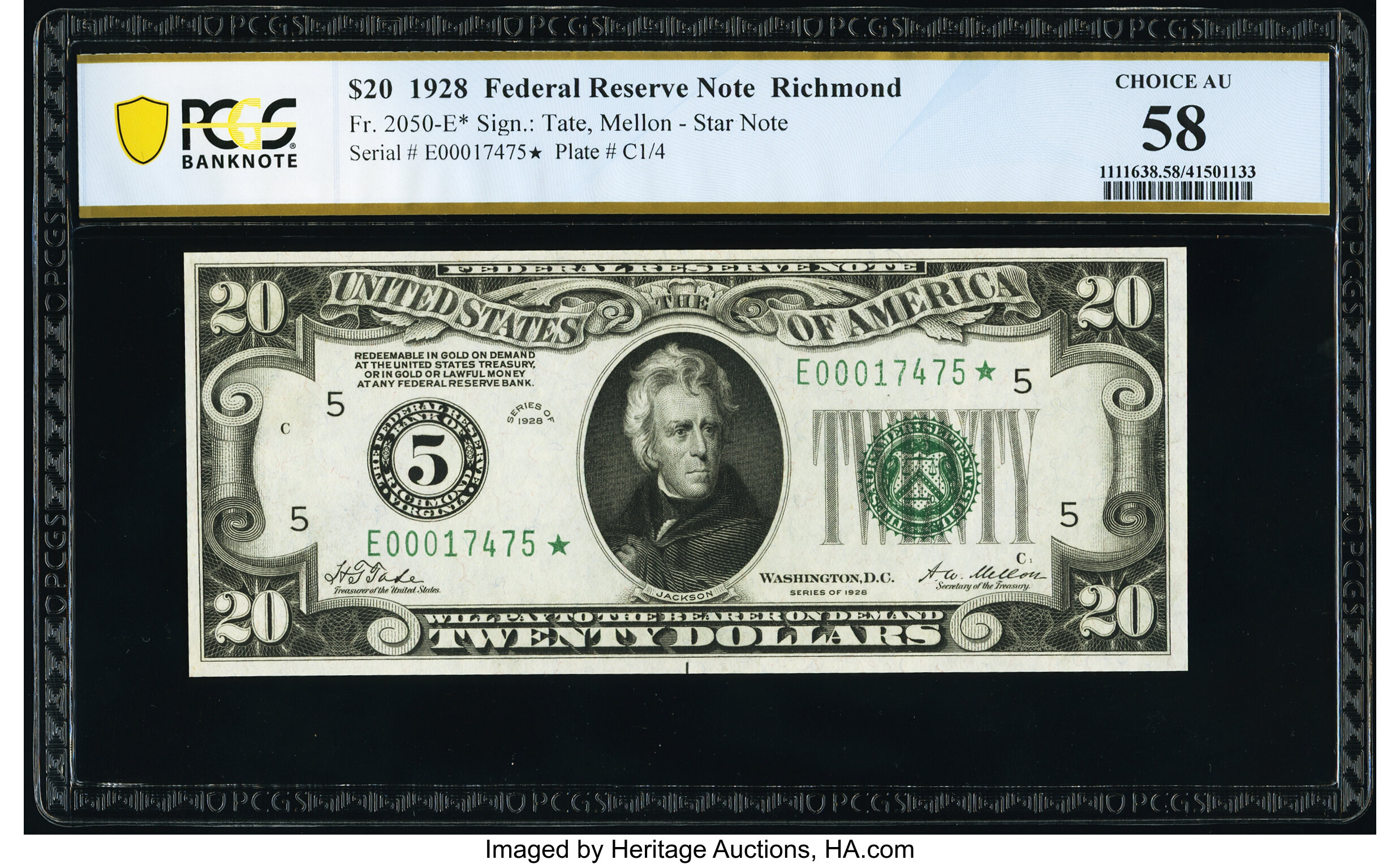 image for: Fr. 2050-E* $20 1928 Federal Reserve Star Note. PCGS Banknote Choice AU 58....