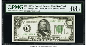 image for: Fr. 2101-B $50 1928A Dark Green Seal Federal Reserve Note. PMG Choice Uncirculated 63 EPQ....