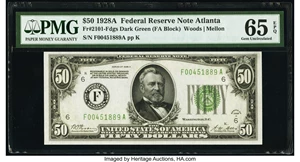 image for: Fr. 2101-F $50 1928A Dark Green Seal Federal Reserve Note. PMG Gem Uncirculated 65 EPQ....