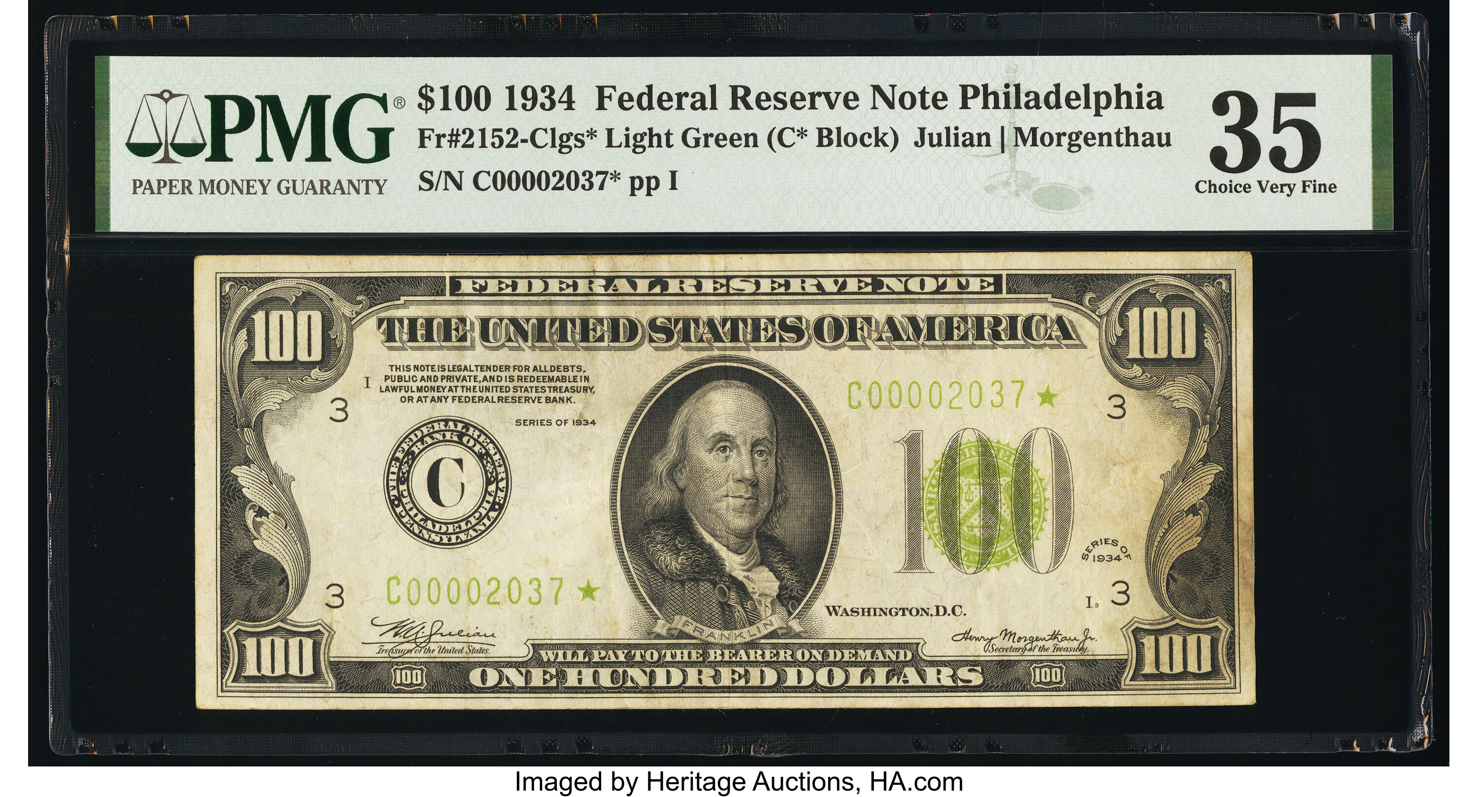 image for: Low Serial Number 2037 Fr. 2152-C* $100 1934 Light Green Seal Federal Reserve Star Note. PMG Choice Very Fine 35....