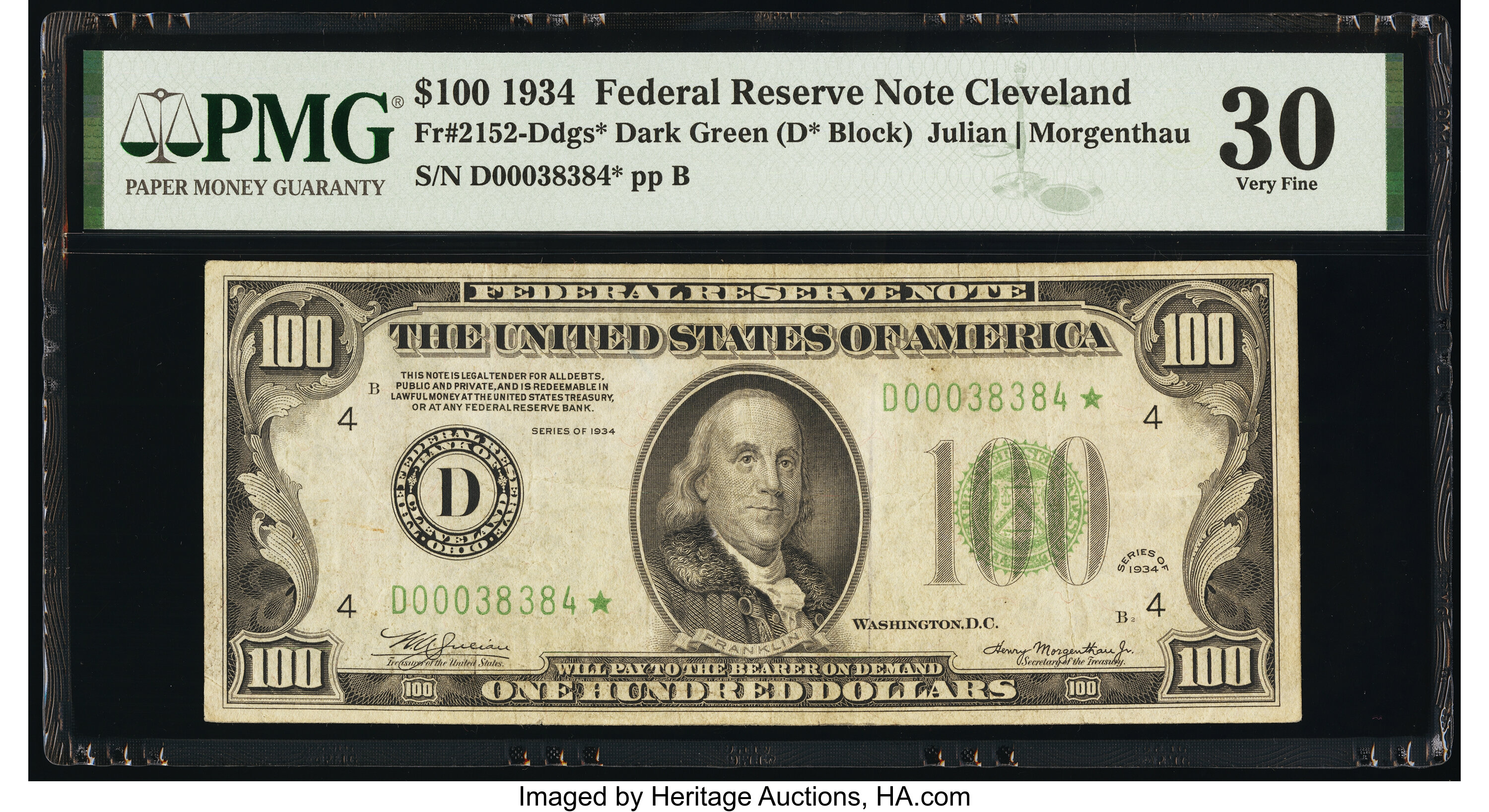 image for: Fr. 2152-D* $100 1934 Dark Green Seal Federal Reserve Star Note. PMG Very Fine 30....