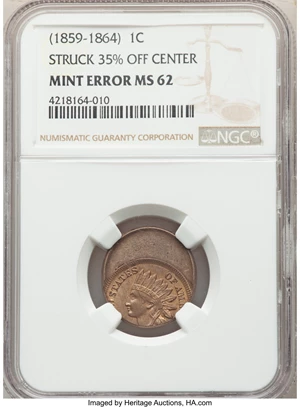 image for: Undated 1C Copper-Nickel, Indian Cent -- Struck 35% Off Center -- MS62 NGC....