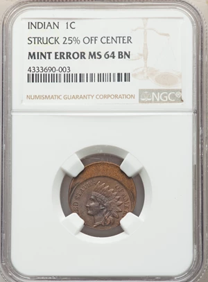 image for: Undated 1C Bronze, Indian Cent -- Struck 25% Off Center -- MS64 Brown NGC....