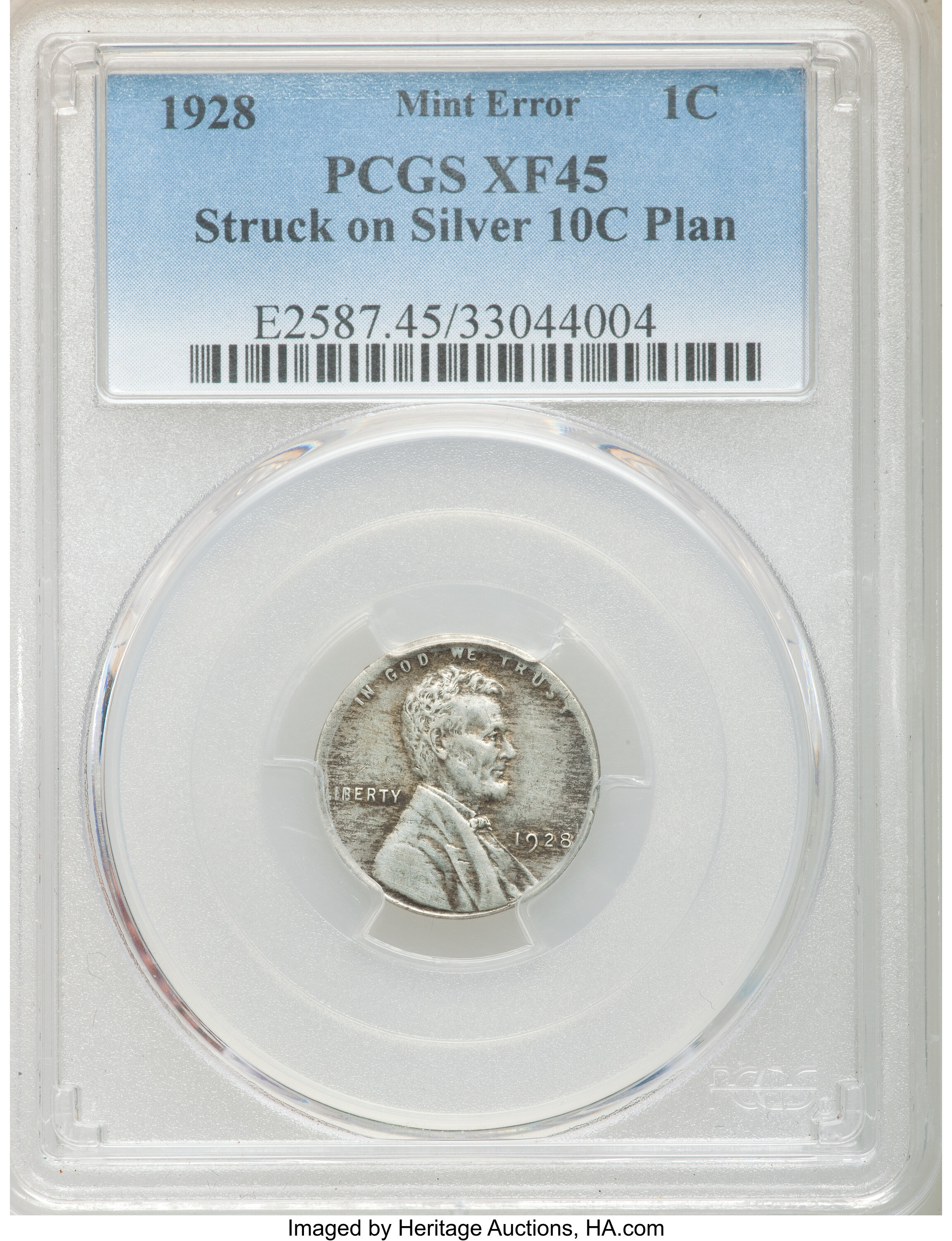 1928 1C Lincoln Cent -- Struck on Silver 10C Planchet -- XF45 PCGS. ...