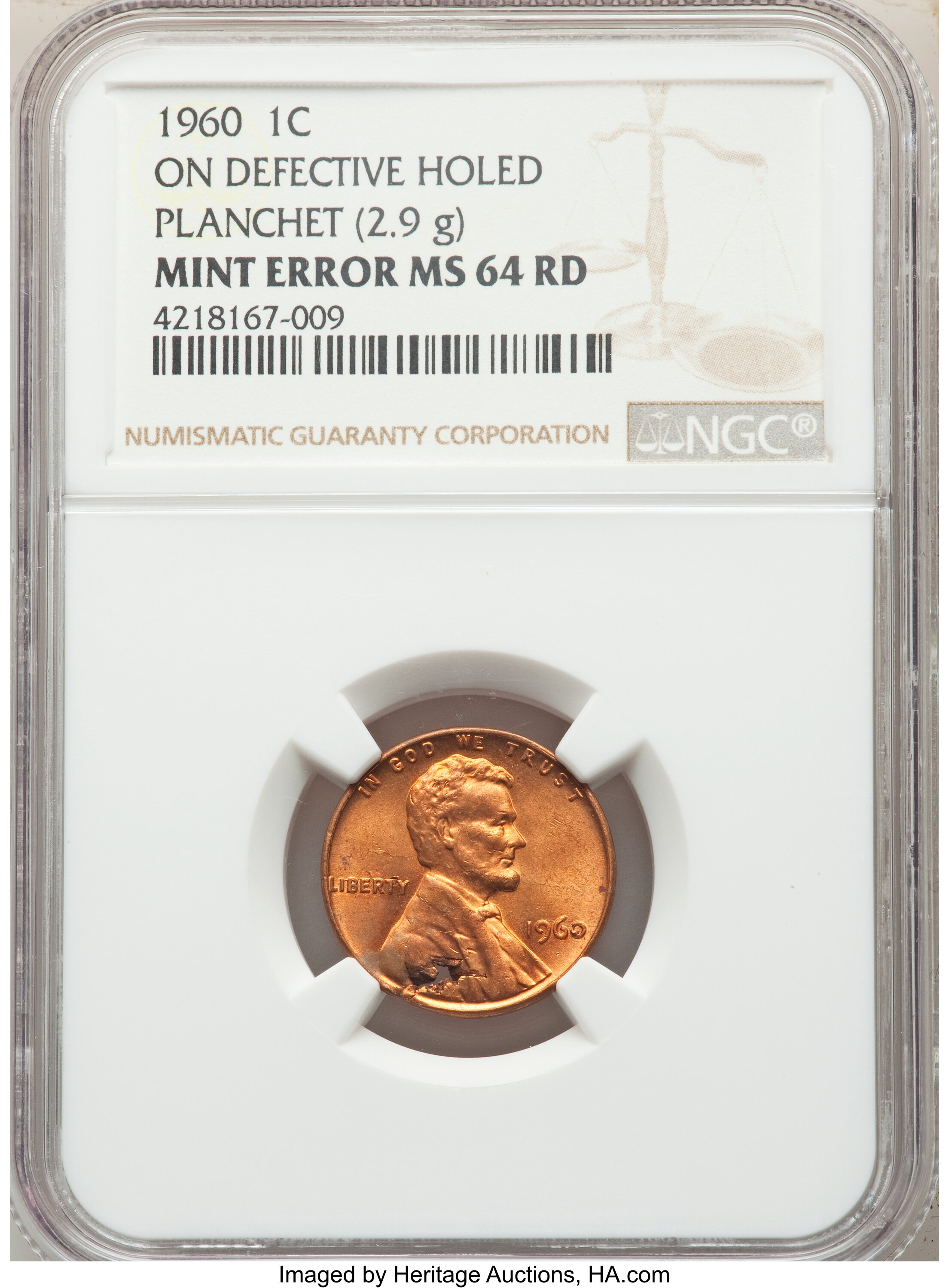 1960 1C Lincoln Cent -- Struck on Defective Holed Planchet -- MS64 Red NGC. (2.9 grams)....