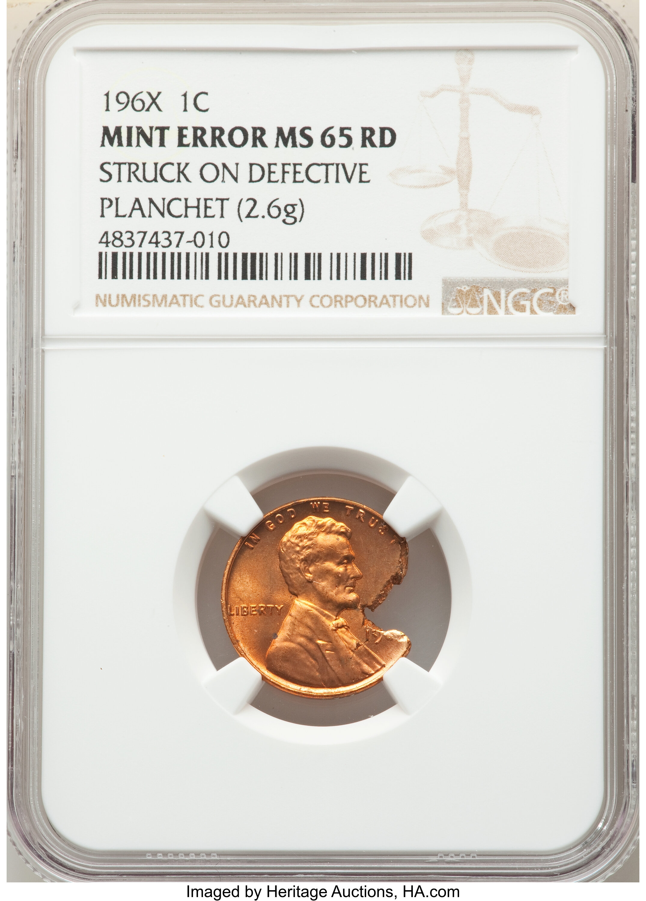 (196X) 1C Lincoln Cent -- Struck on Defective Planchet -- MS65 Red NGC. (2.6 grams)....