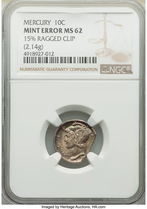 image for: Undated 10C Mercury Dime -- 15% Ragged Clip -- MS62 NGC. (2.14 grams)....
