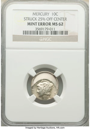 image for: Undated 10C Mercury Dime -- Struck 25% Off Center -- MS62 NGC....