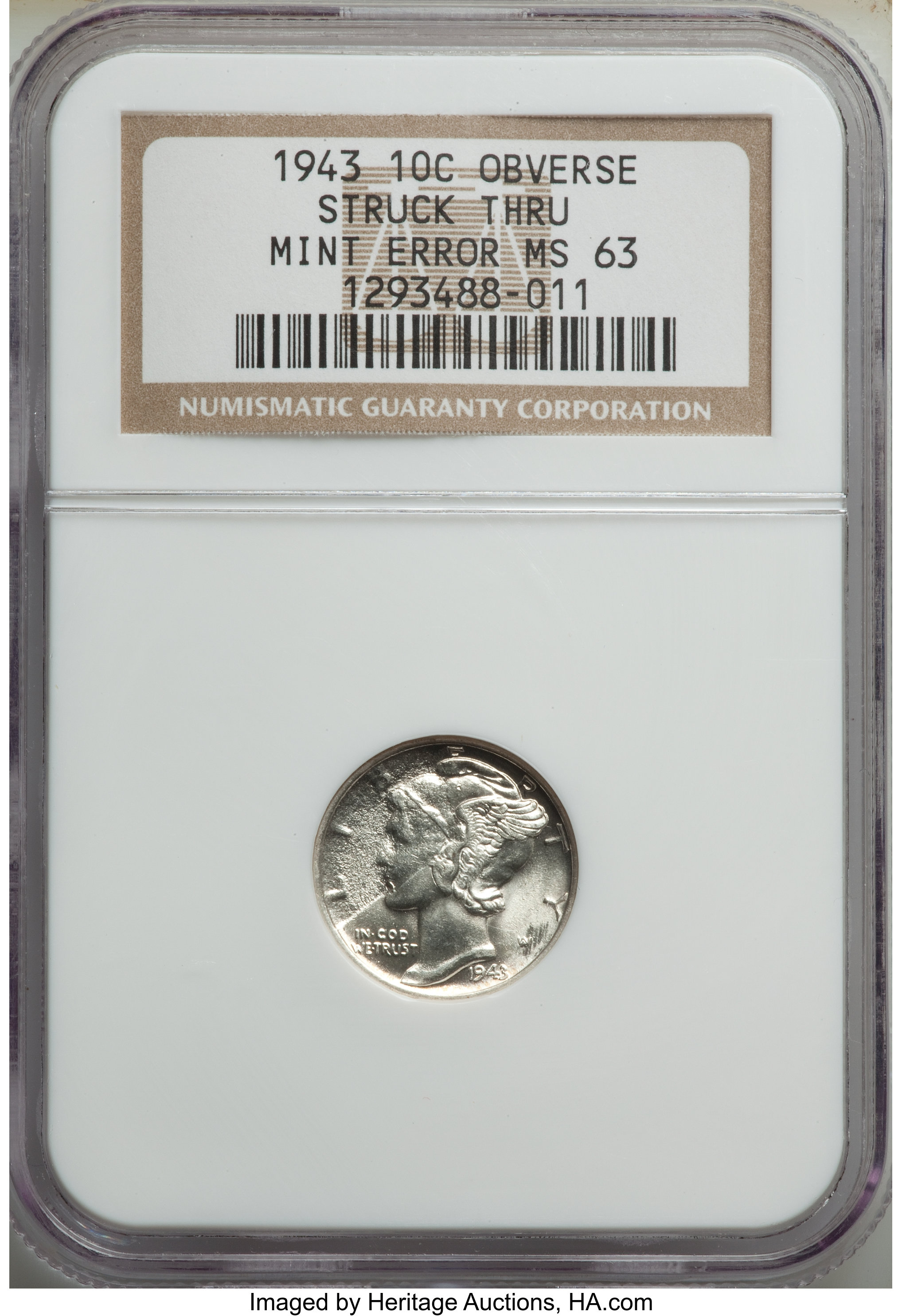 1943 10C Mercury Dime -- Obverse Struck Thru -- MS63 NGC. ...