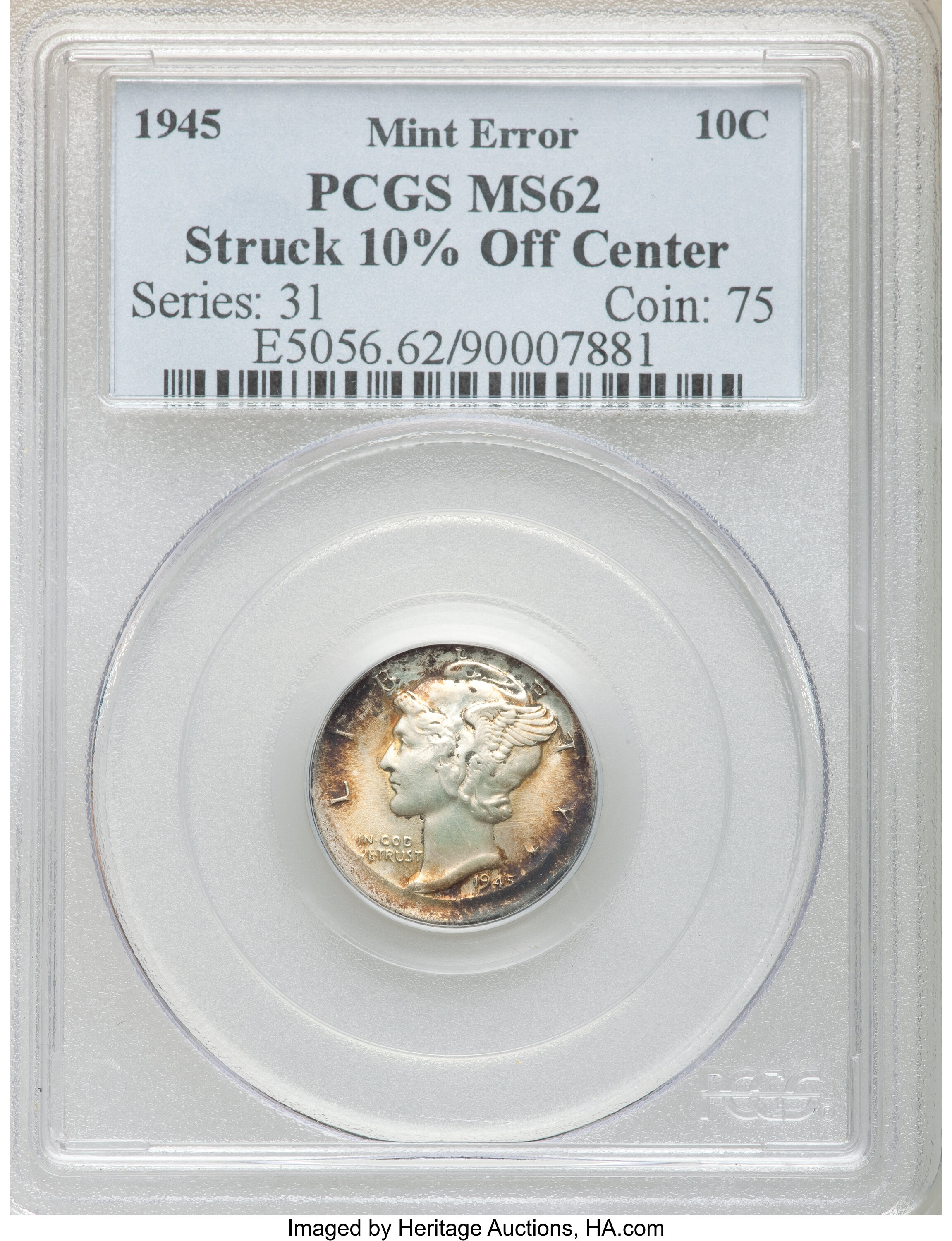 1945 10C Mercury Dime -- Struck 10% Off Center -- MS62 PCGS. ...